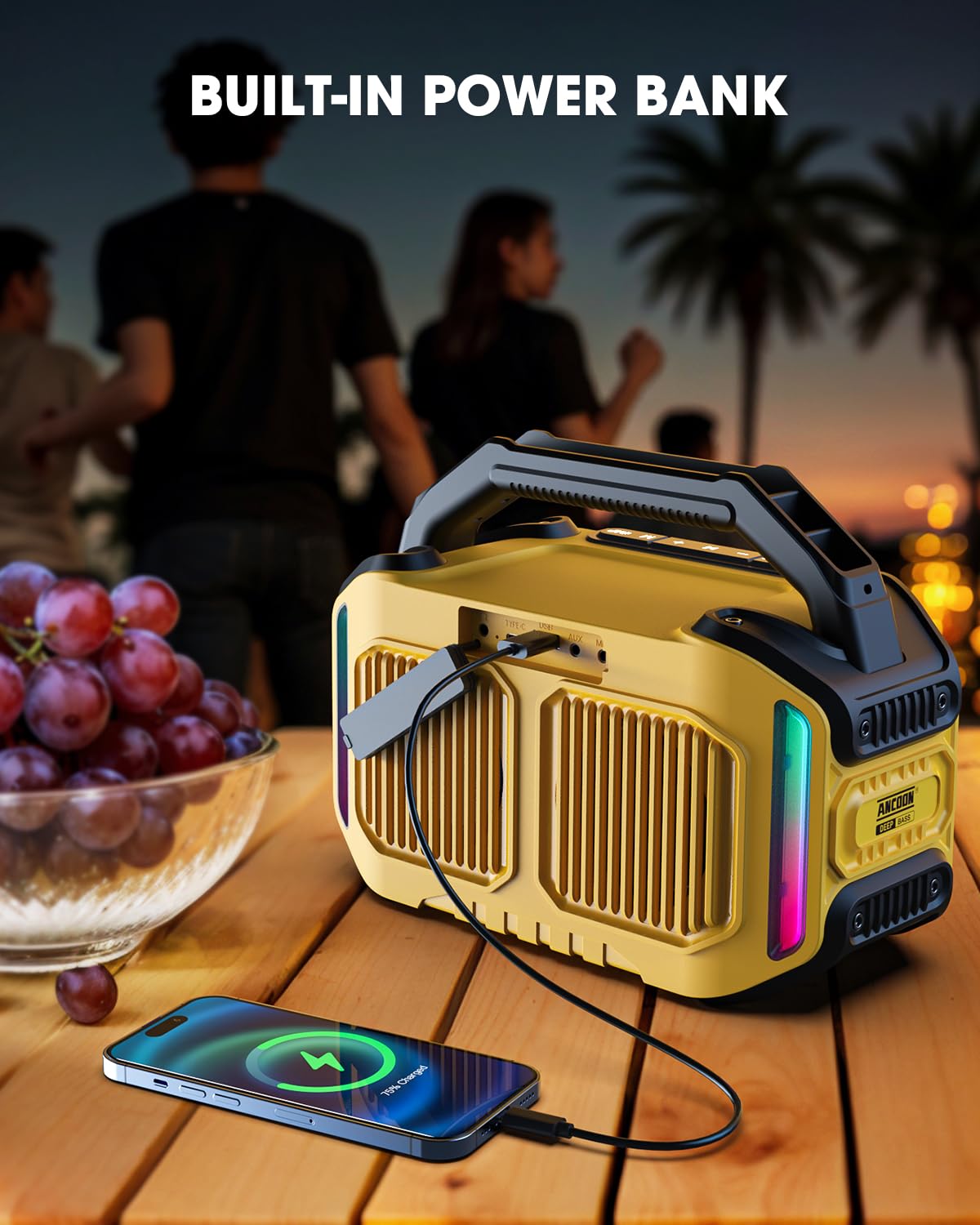 ANCOON Speakers Bluetooth Wireless: 80W(Peak) Loud Speaker with Bass, 20H Playtime, IPX6 Waterproof, Large Jobsite Speakers for Work, Outdoor, Workshop, Garage, Portable Speaker with Subwoofer&TWS