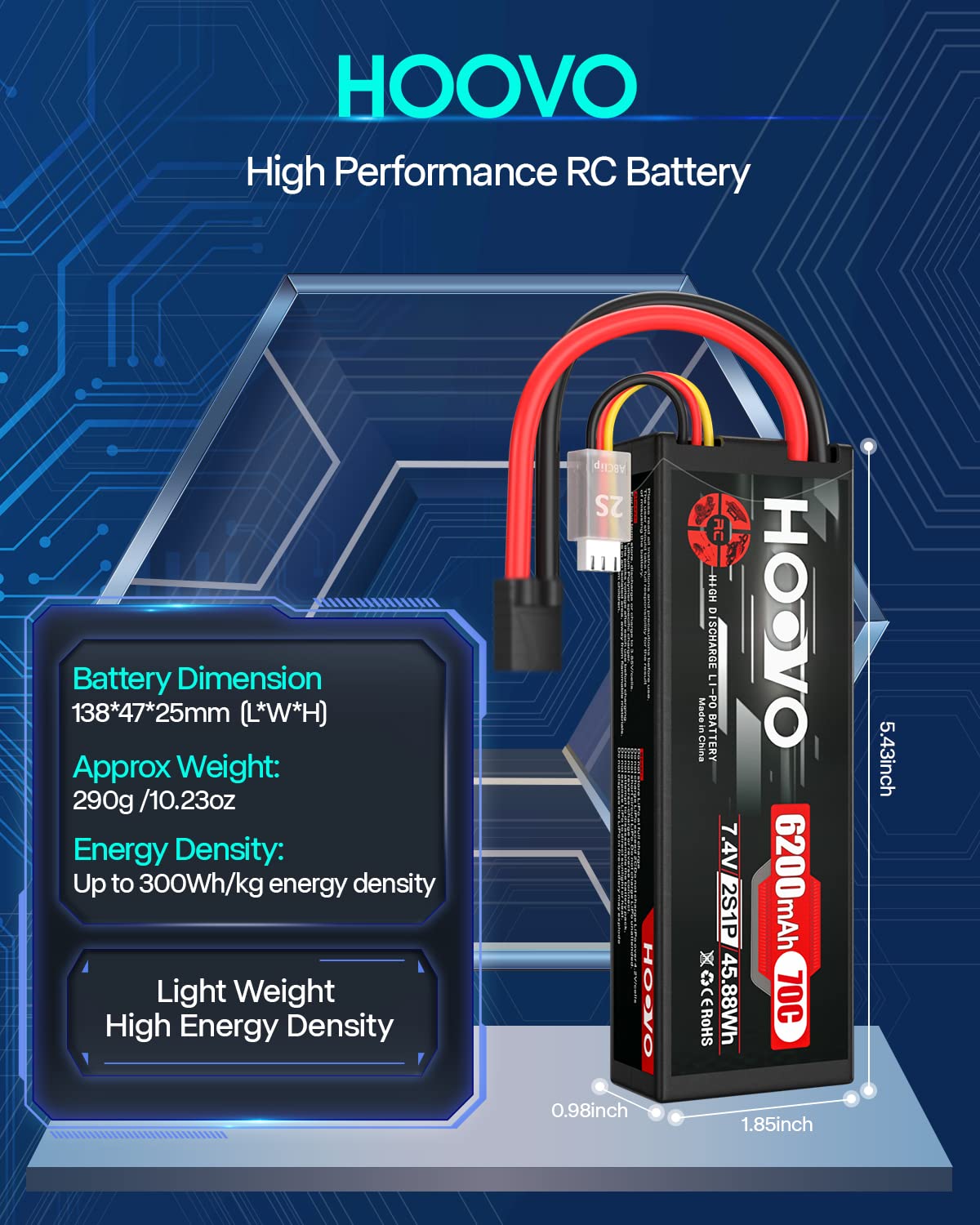 HOOVO 7.4V 70C 6200mAh 2S Lipo Battery Hard Case with Tracxas Plug for RC Car RC Helicopter RC Truck RC Truggy Airplane Quadcopter UAV Drone FPV (2 Packs