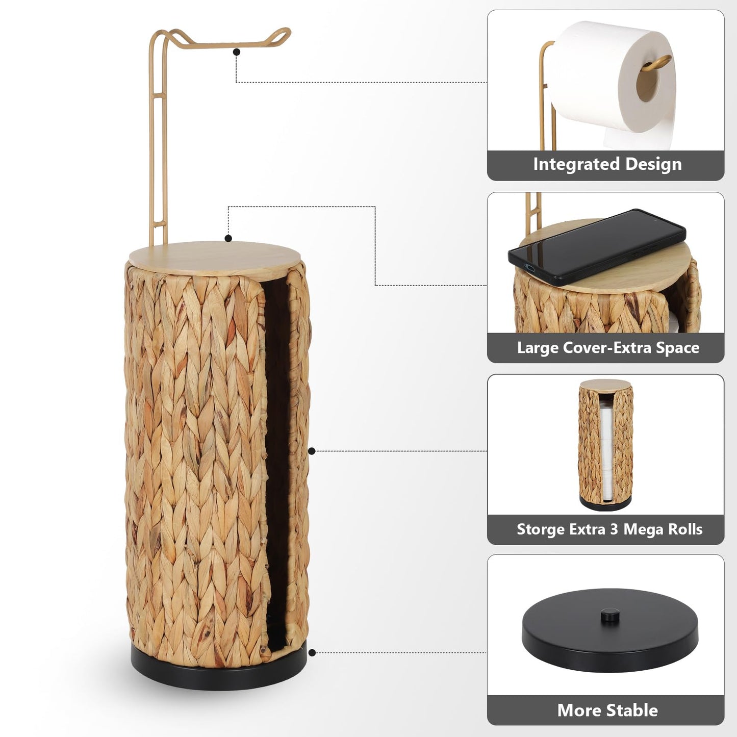 Freestanding Toilet Paper Holder with Storage,3 Rolls of Tissue Holder for Bathroom,Handmade Woven Toilet Paper Roll Holder Stand,Water Hyacinth Boho Bathroom Decor Farmhouse Toilet Paper Storage