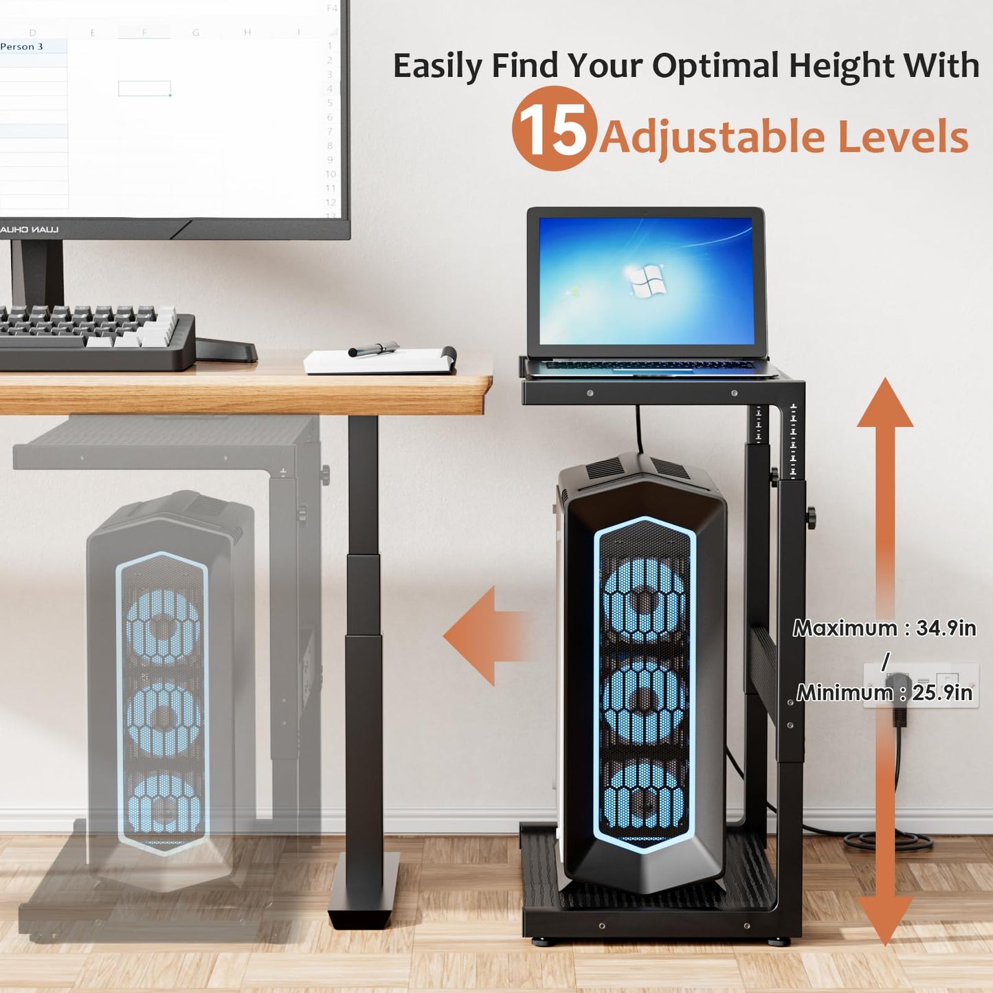 JANE EYRE Adjustable Gaming Computer Tower Stand: 15-Level Height