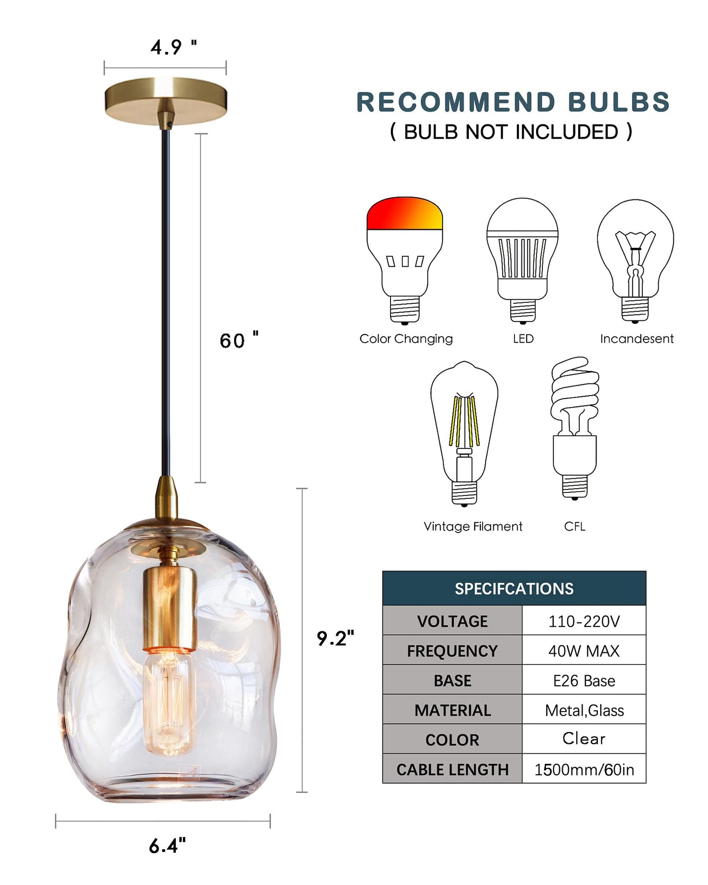 CASAMOTION Modern Glass Pendant Lights Kitchen Island Brass Gold Hardware Organic Globe Industrial Design Over Sink Bar Counter Porch Small Medium Lamp Shade 8 Inch Height