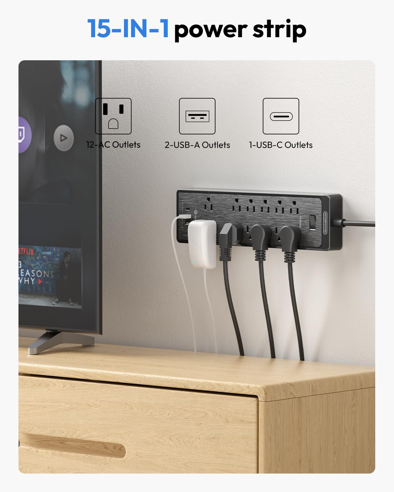 NTONPOWER 15 ft Extension Cord, Flat Plug Surge Protector Power Strip with USB, 12 Outlets Surge Protector Wall Mount, 2100 Joules, 1875W, 15A Circuit Breaker for Home Office Dorm Essentials, Black