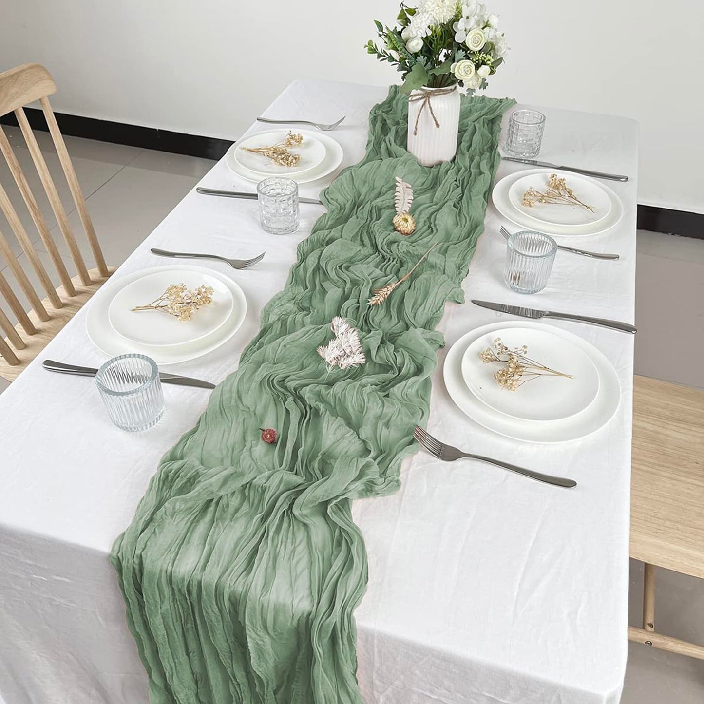12 Pack Sage Green Cheesecloth Table Runner 10ft Boho Gauze Cheese Cloth Table Runner Rustic Sheer Runner 120 inch Long for Christmas Wedding Bridal Baby Shower Birthday Table Decorations