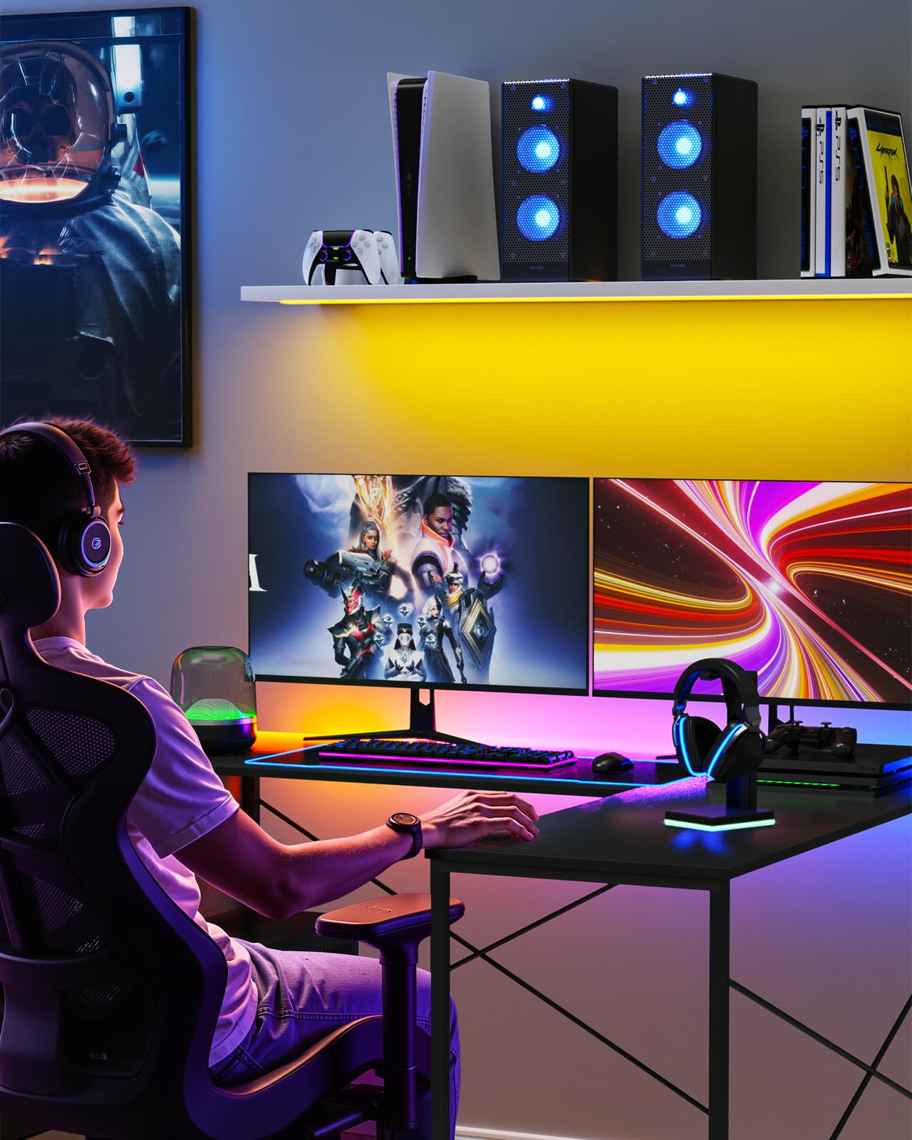 L Shaped Desk - 50" Reversible Home Office Computer Desk, Wood Top, Metal Frame, Side Bag, Sturdy Gaming Desk Corner Table for Work, Writing and Study, Space-Saving