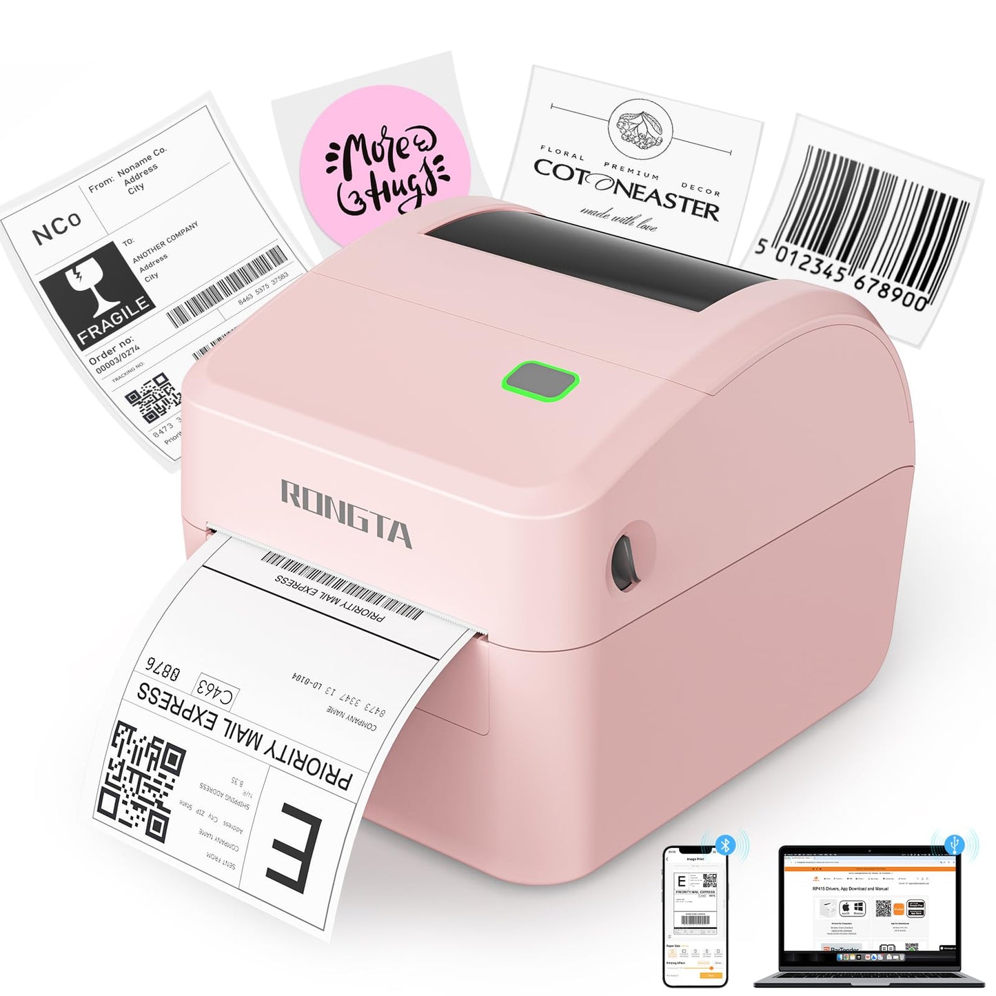 Rongta 4x6 Bluetooth Shipping Label Printer - Thermal Label Printer for Shipping Packages, Small Business, Home, Office, Compatible with Amazon, Tiktok, Etsy, USPS, Commercial Grade, Pink