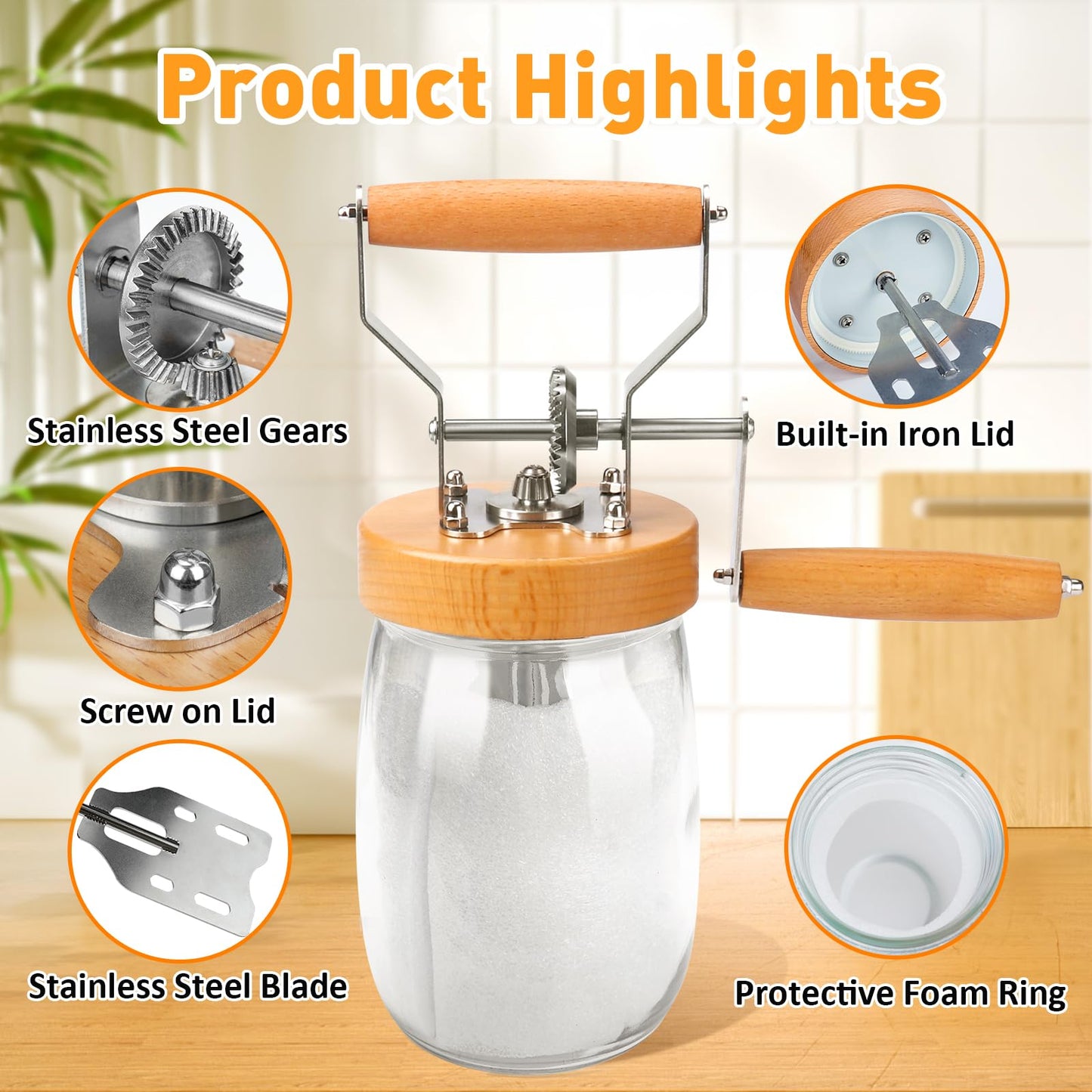 TeeMars Butter Churner - Upgraded Hand Crank Mason Jar Butter Churn, 34oz Butter Churn Kit with 14 Recipe, Butter Paddle, Butter Mold with Lid, Cheese Cloth, Anti-slip Mat, Homemade Butter in 15Min