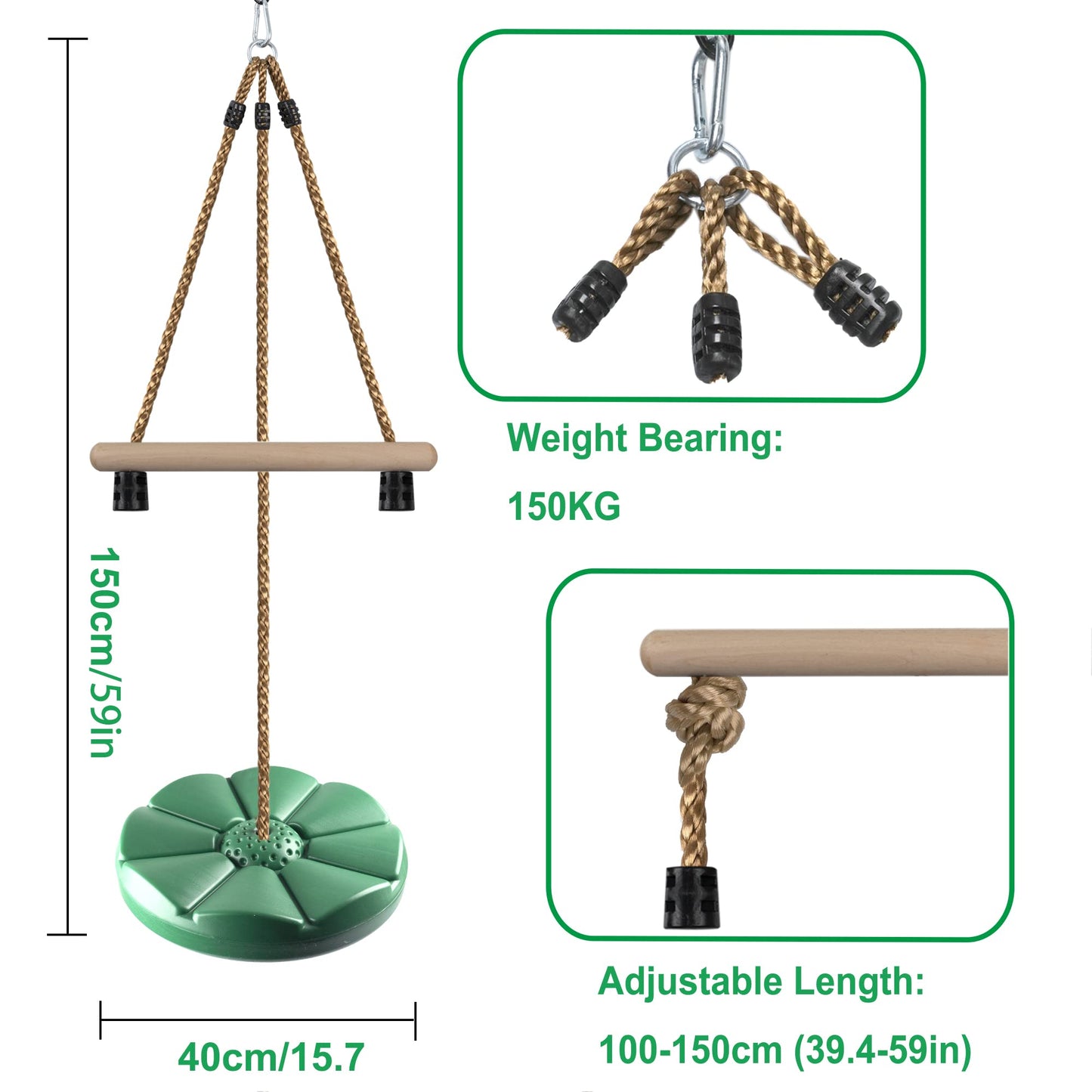 KINSPORY Swing for Kids, 78'' Adjustable Disc Tree Swing for Backyard, Monkey Bars Rope Swing with Hanging Strap, Carabiner for Zipline Outdoor Play Equipment Swing Set Accessories - Green