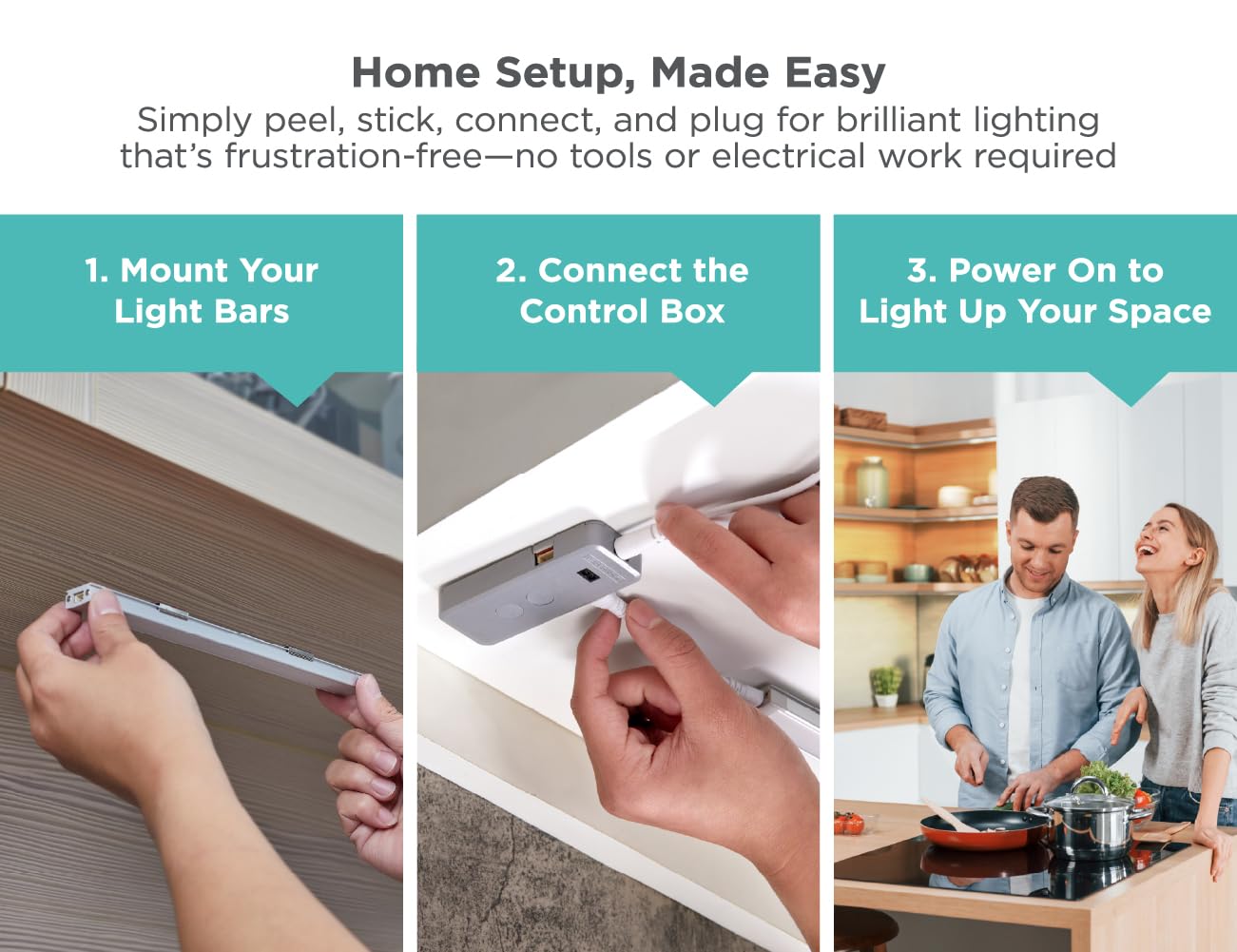 PureOptics LED Under Cabinet Light Kit, Motion Sensor, Dimmable, Linkable, 3 Color Settings, Tool-Free, for Kitchen, Cabinets and Closets, (3) 9" Bars