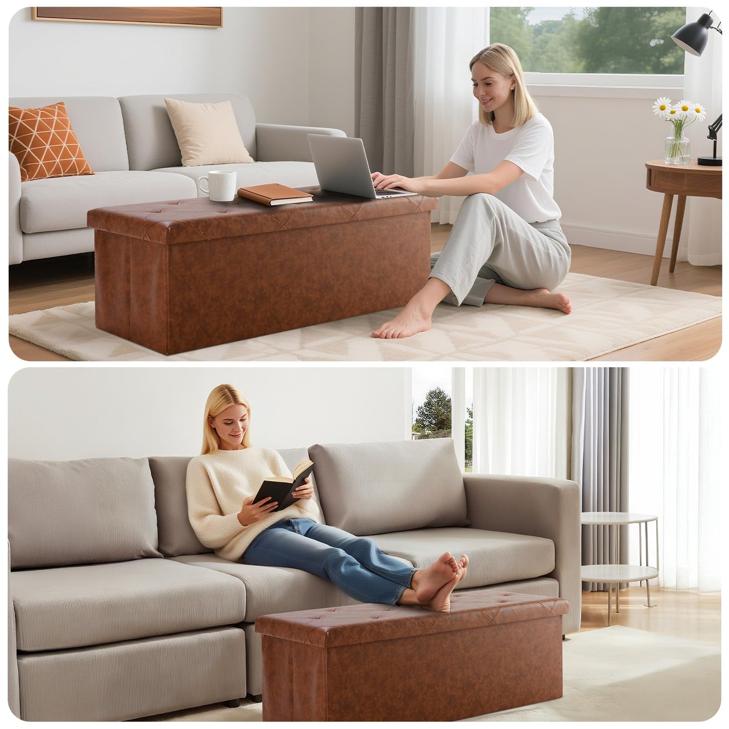 DUMOS Foldable Storage Ottoman Bench 43in, Foot Rest Stool, Synthetic Leather Storage Chest with Thicker Foam Padded Seat for Entryway Living Room, Modern Brown