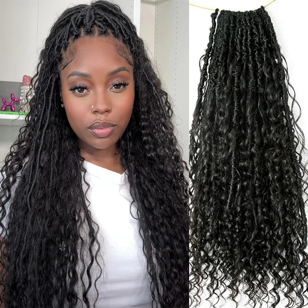 Pre-looped Crochet Locs with Human Hair Curls Dreadlocks Hair With Curly Human Hair End Soft Messy Boho Faux Locs for Women 26inch 24 Locs