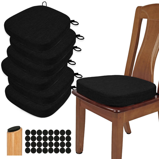 BUYUE Thickened 2.5" Dining Chair Cushions Set of 6, U-Shape High Density Foam Comfortable Chair Pads for Kitchen, Slip Resistant Indoor Seat Cushions (6 PCS, Black)