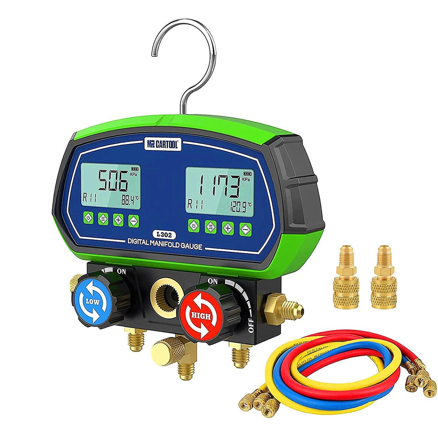 MR CARTOOL L302 Digital Manifold Gauge Set 2-Valve Refrigerant HVAC Systems Leakage Pressure Tester Tool with 3 Hoses for Air Conditioning Refrigeration Recharging