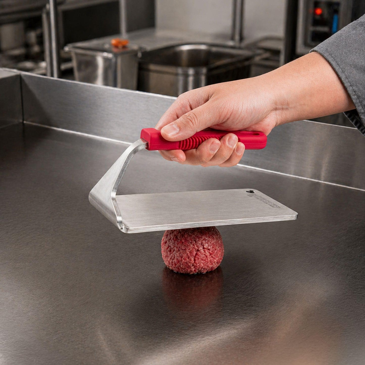 Restaurantware Met Lux 8.5 x 4.3 Inch Steak Press 1 Heavy-Duty Grilling Weight - 2.8 Pounds Flat Bottom 18/8 Stainless Steel Meat Press Dishwashable With Removable Silicon Handle
