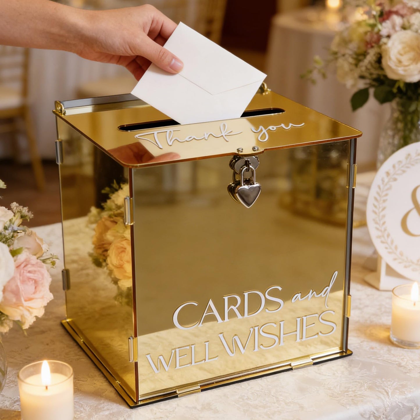 SOFARKKT Acrylic Gold Card Box with Lock & Slot, Metallic Golden Classy Wedding Card Boxes for Reception, Luxury Money Gift Cards Box for Party Engagement Bridal Shower Luxury Wedding Table Decor