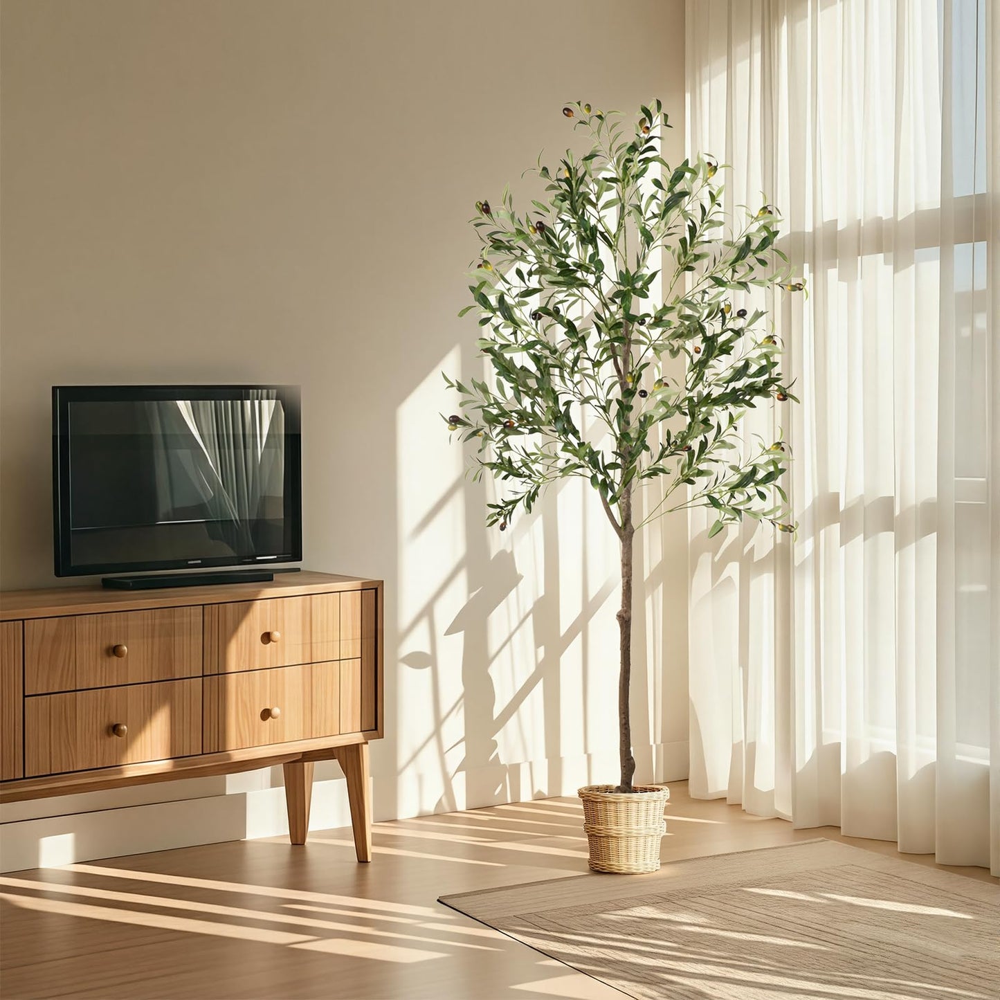 Olive Tree, 6FT Tall Faux Olive Tree with Moss and Planter, Olive Trees Artificial Indoor with Realistic Wood Trunk and Lifelike Fruits, Fake Olive Tree for Home Office Living Room Decor