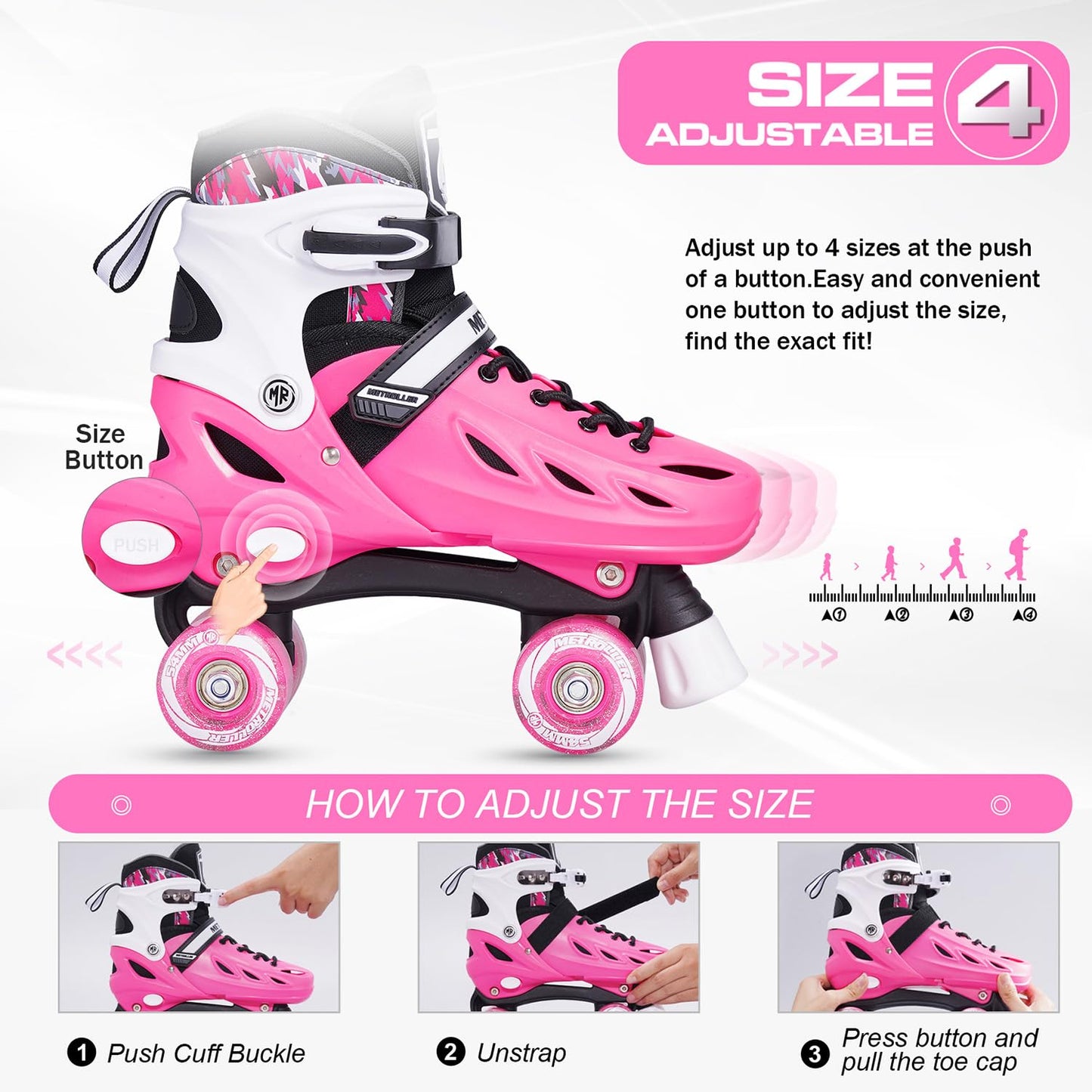METROLLER Roller Skates for Girls and Boys Teens, Adjustable 4 Sizes for Kids Toddler Rollerskates with Light up Wheels, for Youth Women and Men