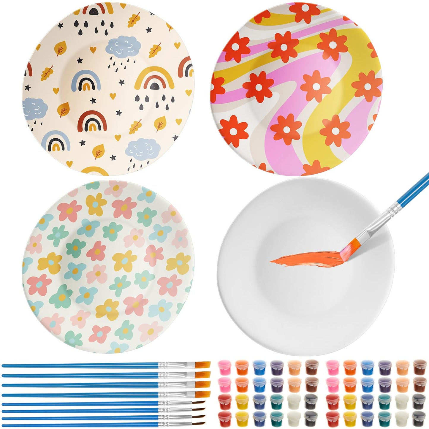 Kolldenn 4 Sets Jewelry Dish Making Kit DIY Paint Your Own Ceramic Arts and Crafts Kit Make Your Own Jewelry Bowls Gifts for Birthday Gift Ideas (Round Plate)