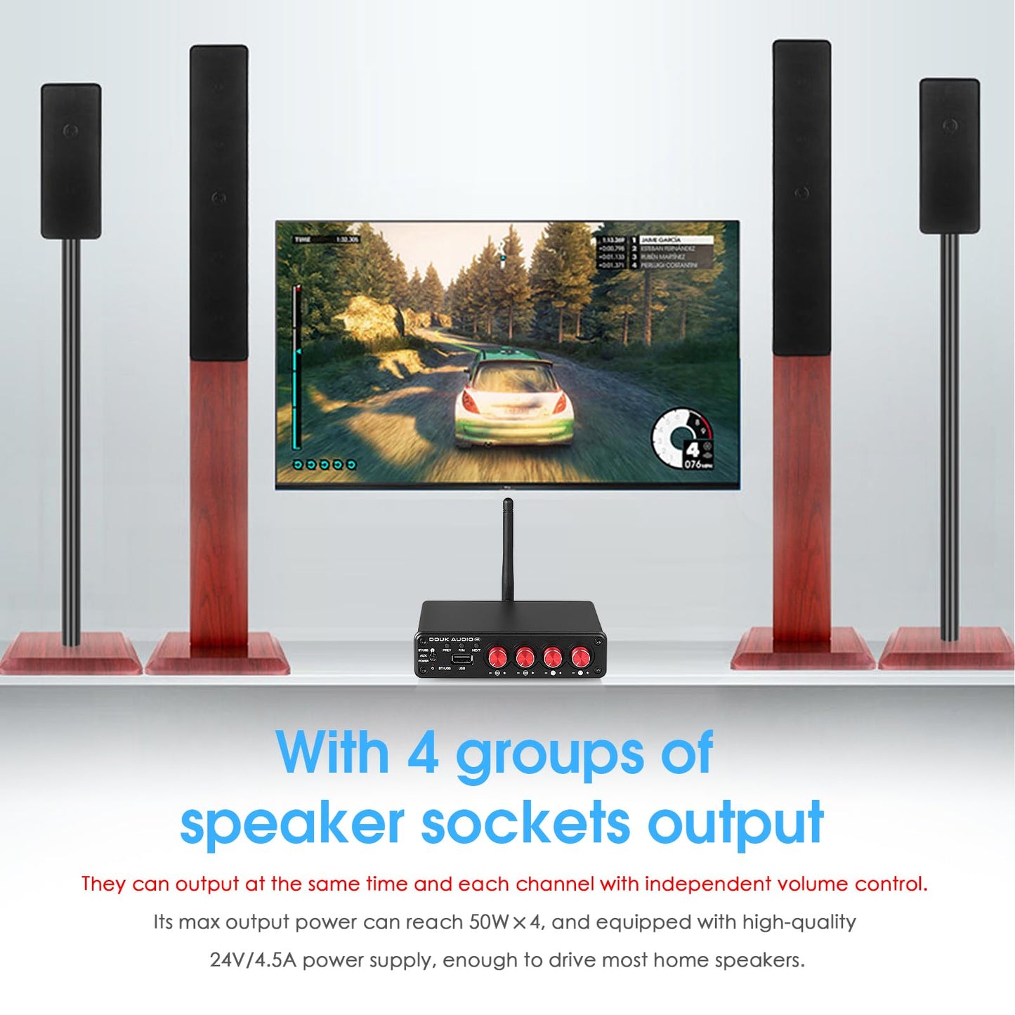 4 Channel Bluetooth Amplifier, 50W x 4 Audio Power Amp, Hi-Fi Home Stereo Speaker Receiver [Douk Audio M4]