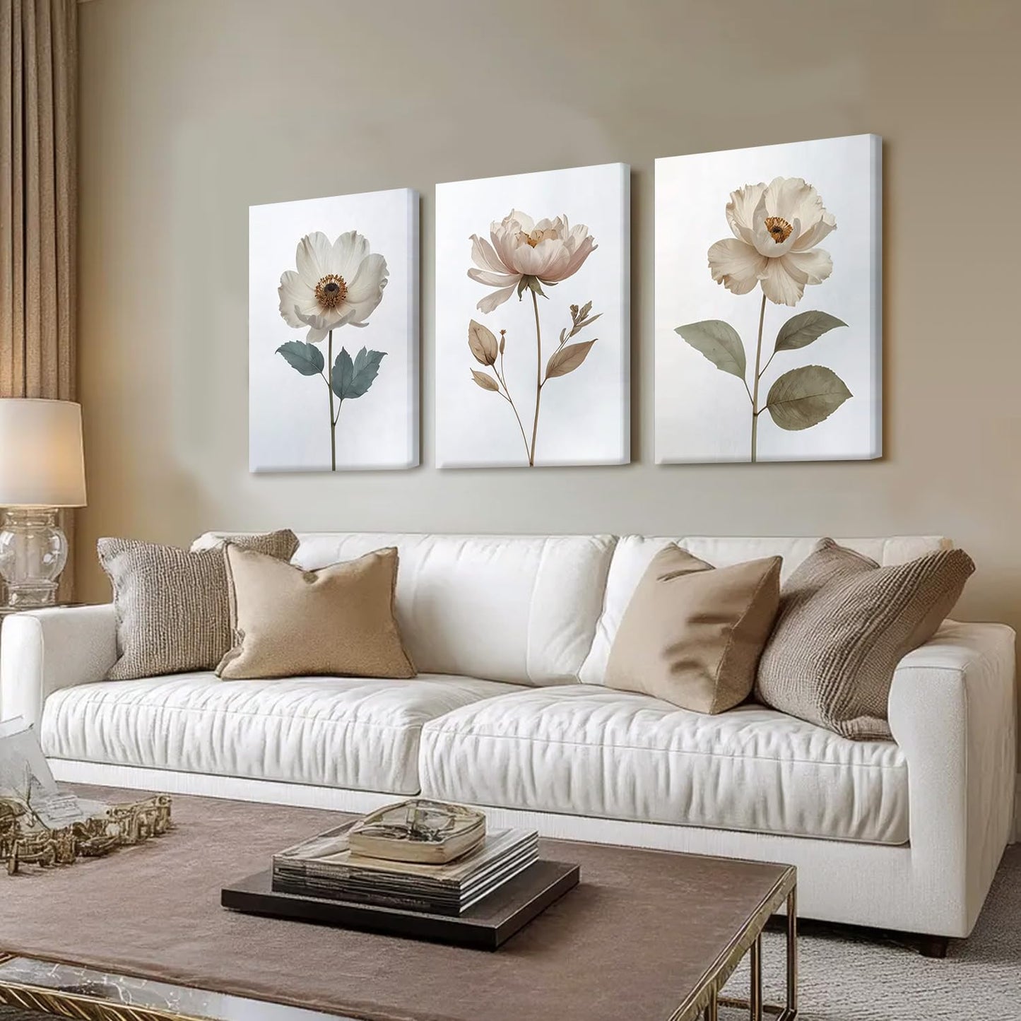 AUUAUU Elegant Neutral Floral Wall Art Set of 3 Framed Boho Botanical Aesthetic Canvas Prints Peony Anemone Flower Art Posters 16x24 Inch Minimalist Wall Decor for Home Kitchen Living Room Bedroom