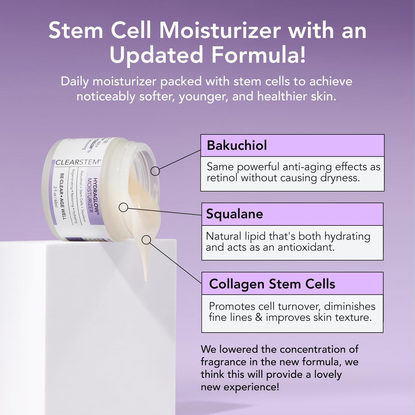 CLEARSTEM - HYDRAGLOW Stem Cell Moisturizer - Bakuchiol + Squalene - Youthful Skin Face Moisturizer - All Skin Types - Facial Skin Care Products - Vegan, Gluten Free, Cruelty Free - 2 fl oz / 60ml