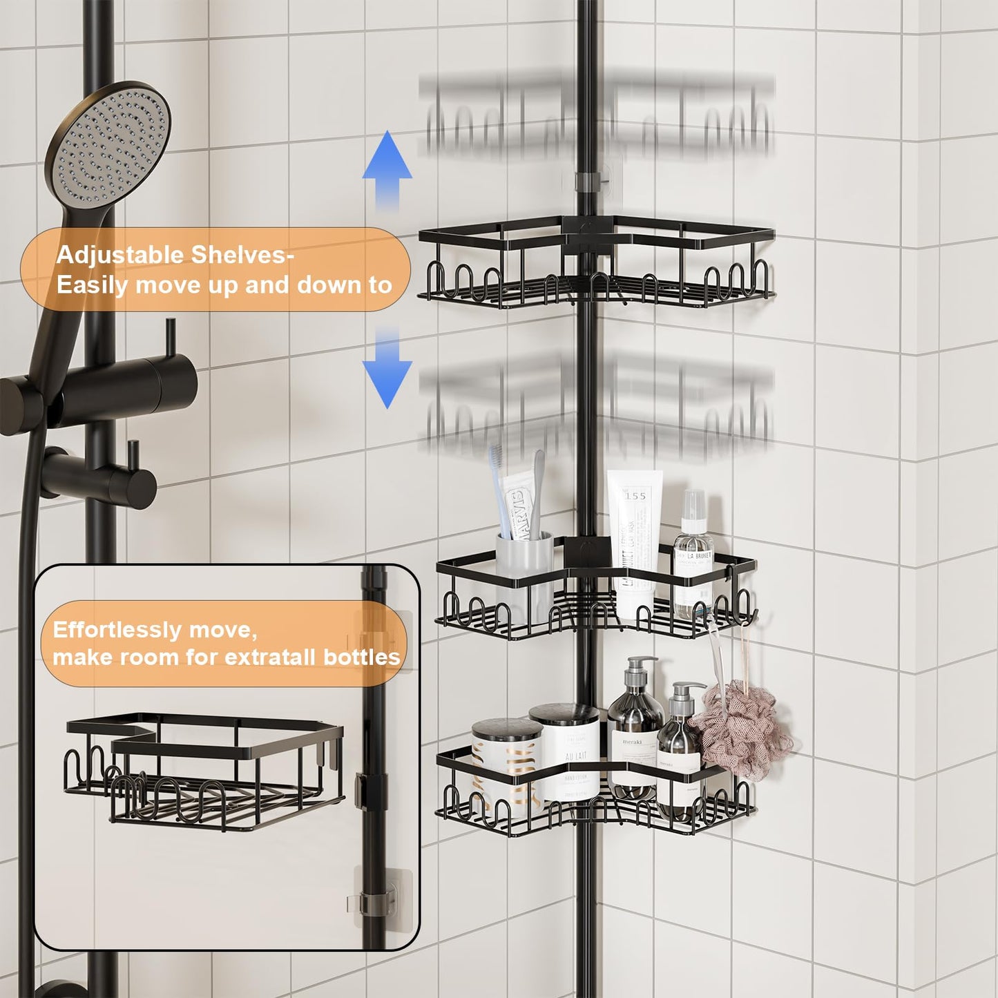 HouseUp Corner Shower Caddy Tension Pole - 4-Tier Shower Corner Shelf for Bathtub Bathroom Shower Organizer - Adjustable 34in-120in, Space Saving Bathtub Accessory Shelves, Black