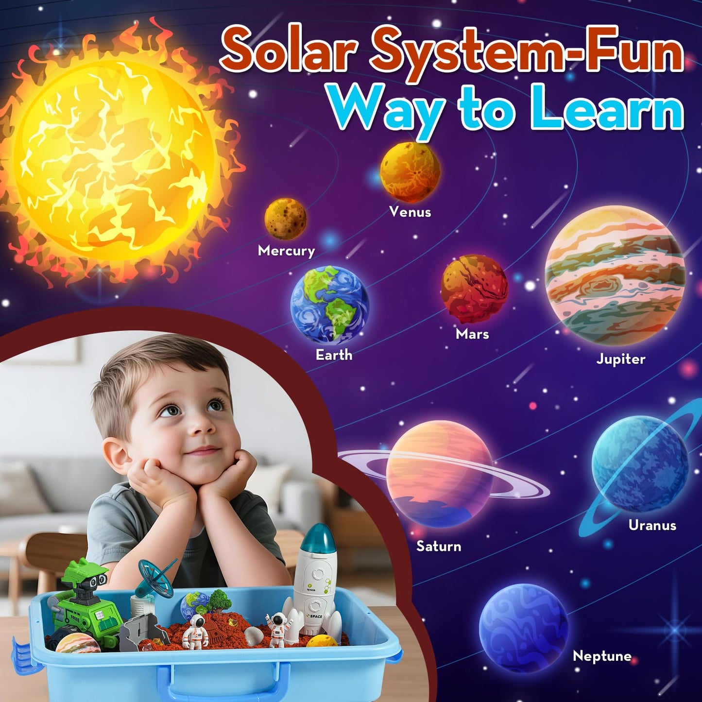 KNASON Outer Space Sensory Bin,Play Sand Kit for boys with 1 KG Sand,Glow in The Dark Alien and Gems,Space Science Kits Sandbox Toys Preschool Toddler Activities Christmas Gift for Kids Ages 3-8