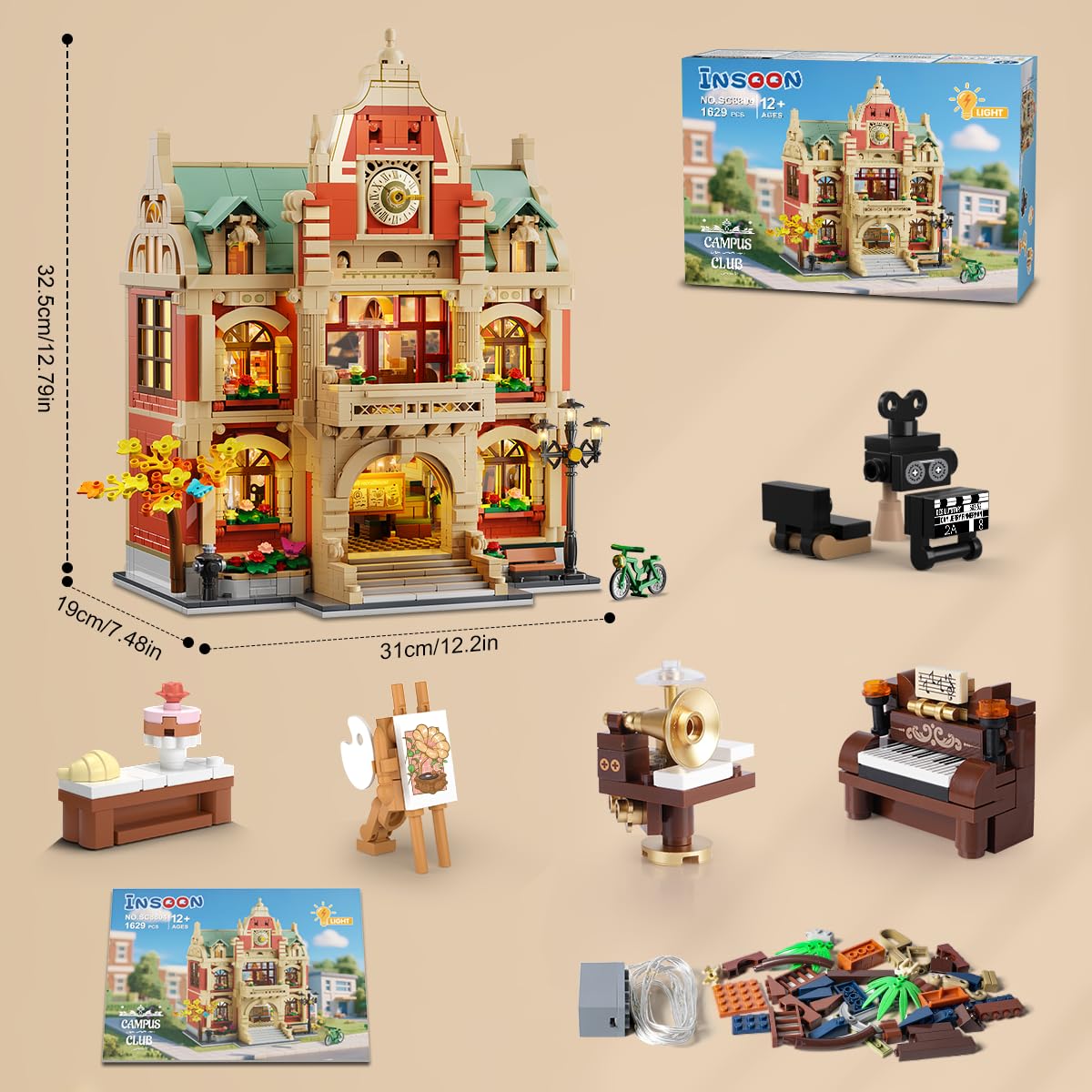 INSOON University Club House Building Set with Light,1629PCS City Campus Architecture Model with Painting Drama Baking Music Club, Home Decor Construction Building Block Gift for Adults Boys Girls 12+