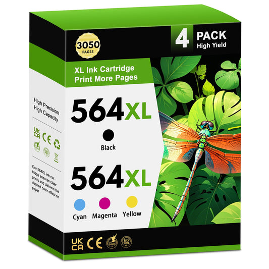 564XL High Yield Ink Cartridges (4-Pack, 1Black/1Cyan/1Magenta/1Yellow) Replacement for HP 564XL Ink Work for Photosmart 7520 7510 7525 5520 5510 6510 6520 DeskJet 3522 3521 Printer