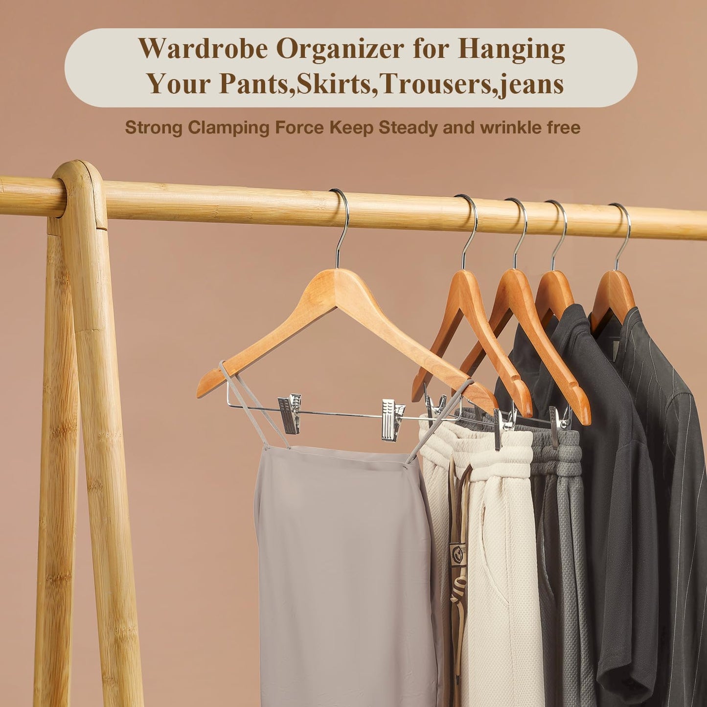 Ulimart Wooden Hangers with Clips 24 Pack Wooden Pants Hangers,Skirt Hangers with Adjustable Clips,Hangers for Pants,Jeans,Slacks,Shorts（Natural）
