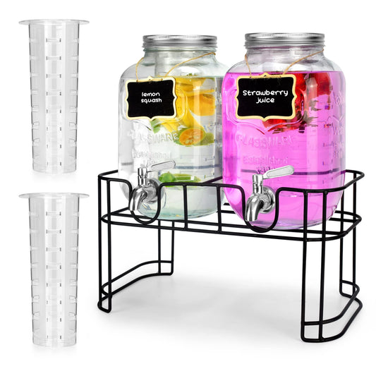 1 Gallon Glass Drink Dispensers For Parties 2PACK.Beverage Dispenser，Drink Dispenser With Stand And Stainless Steel Spigot 100% Leakproof.Glass Drink Dispenser With Ice Cylinder. Lemonade