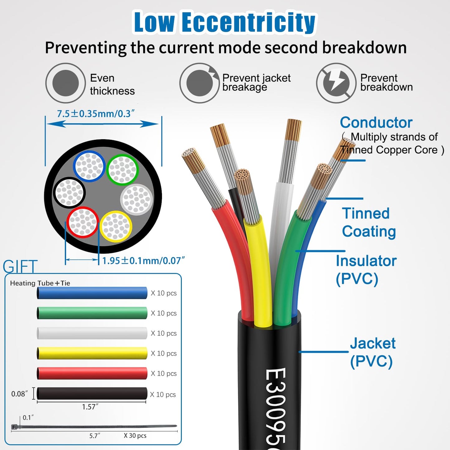 Matugajp 18awg 6 Wire Cable 18/6 Electrical Wire 6 Core Extension Cable 100 feet UL2464 DC 5V/12V/24V/300V 18 Gauge Oxygen Free Stranded Tinned Copper Wire