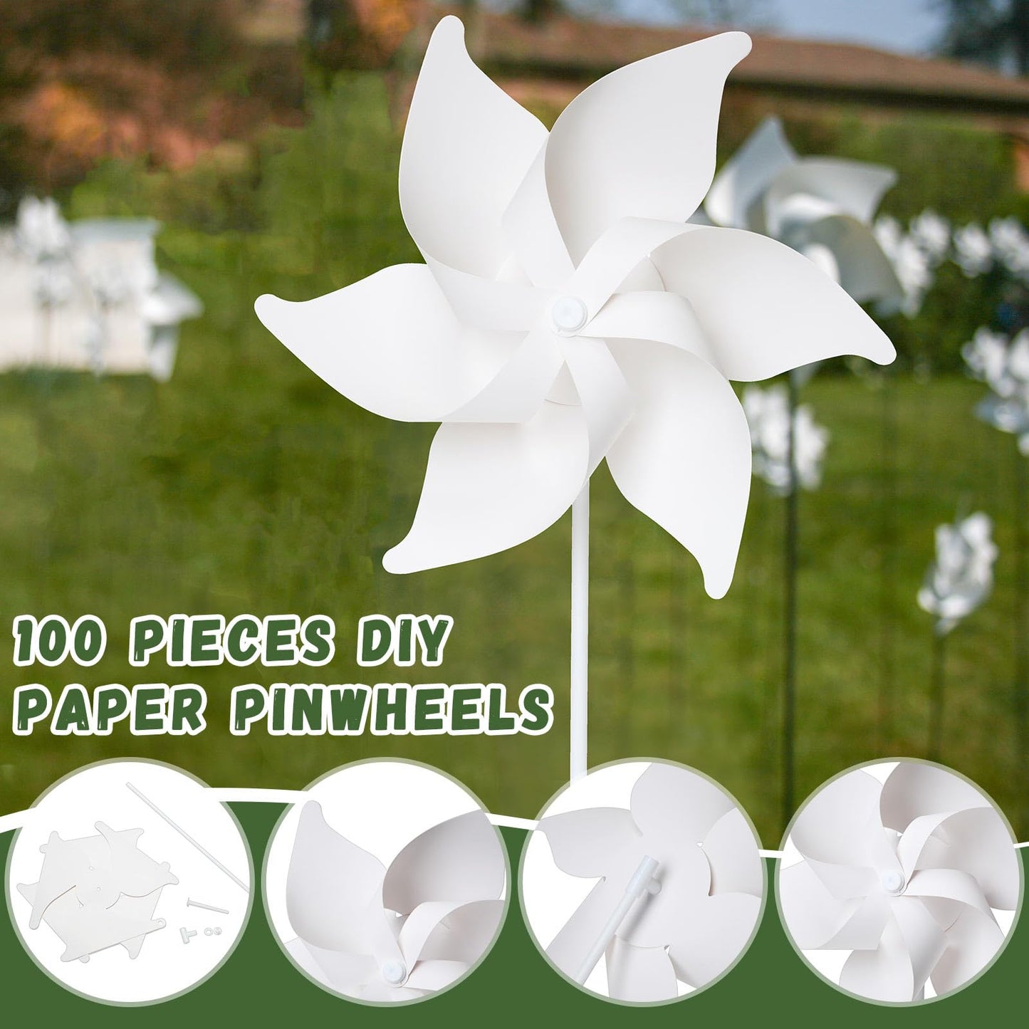 Chivao 100 Pcs Novelty DIY Pinwheels Art Craft for Kid Color Your Own 4th of July Patriotic Pinwheels Making Craft, Summer Crafts for Carnival Party Favor Daycare Project Summer Activity, 6 Leaves