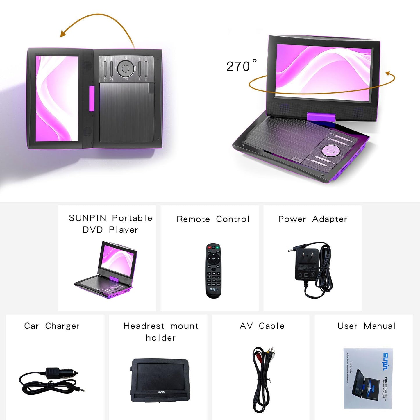 SUNPIN New 11.5" Portable DVD Player for Car and Kids, 9.5" Swivel Brightness Enhanced Screen, with Car Charger and Headrest Mount, Upgraded Remote Control, 5 Hours Battery, Dual Earphone Jack(Purple)