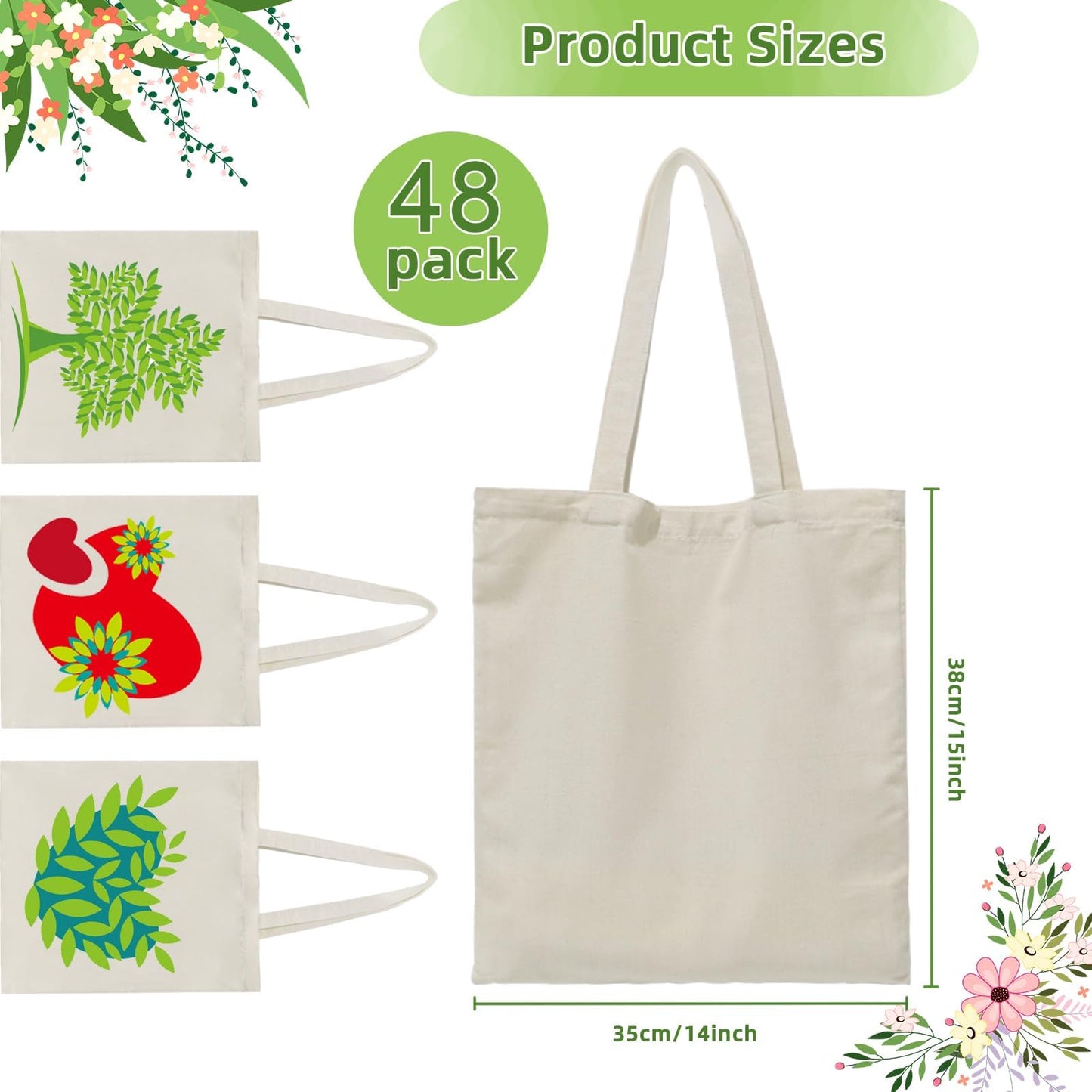 HECTOLIFE 48 Pack Canvas Tote, Reusable Blank Canvas for Shopping,Grocery Bags,DIY Gift Bags