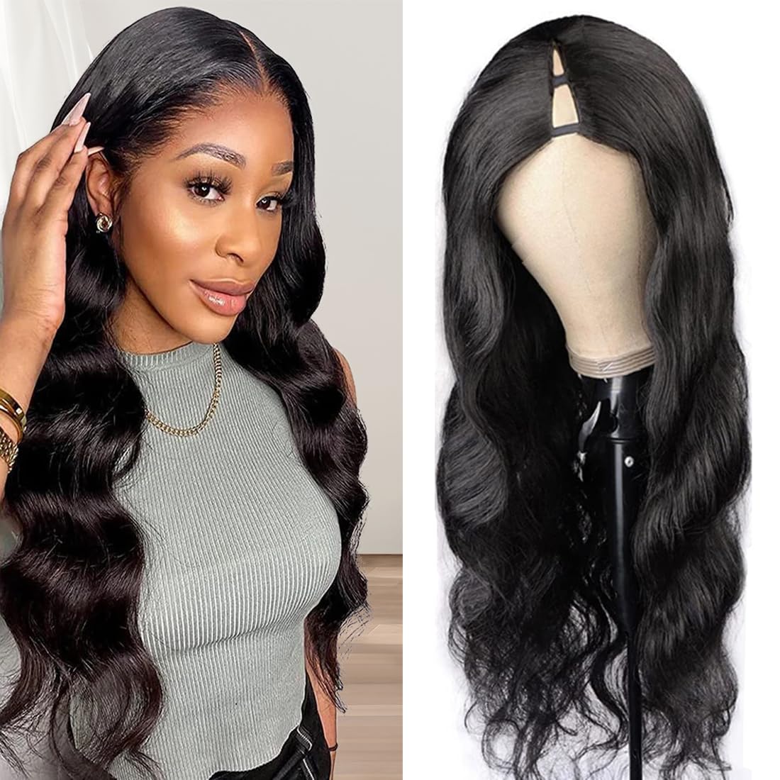 V Part Wig Human Hair Wig Upgrade U Part Wigs Body Wave for Black Women Beginner Friendly No Sew In and No Leave Out Glueless Brazilian Virgin Hair Wig Natural Black Color 180% Density 22 inch
