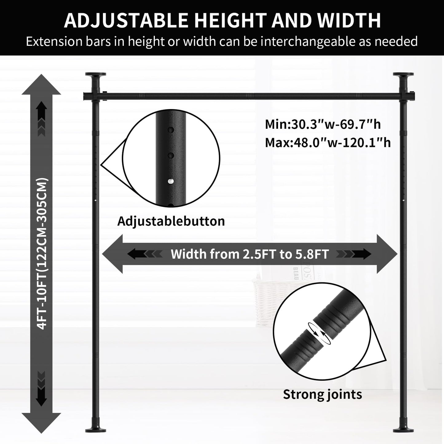 Room Divider Curtain Rod, No Drilling Wall Divider for Room Separation, Adjustable 48-120in (H) 30-70in(W), Heavy Duty Floor to Ceiling Tension Rod Divider, for Temporary Privacy Wall Divider-Black