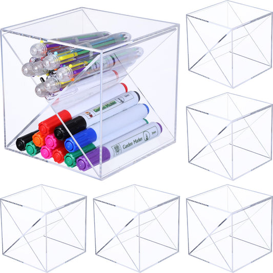 Kosiz 6 Pcs 5.12 Inch Stackable Divided Pen Holder Marker Pen Clear Holder for Desk Stackable Cube Organizer Removable Cross Divider Organizer Acrylic Pen Holder Craft Desk Organizer Holder