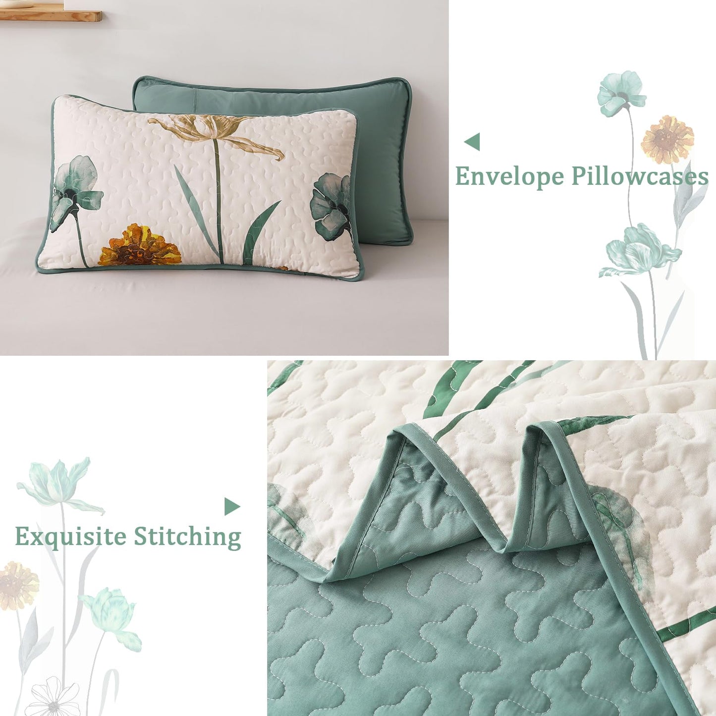 WONGS BEDDING Floral Quilt Set Queen,Green Yellow Floral Botanical Bedspread Bedding Set with 2 Pillowcase,Spring Summer Lightweight Farmhouse Coverlet Set for All Season (96"x90")