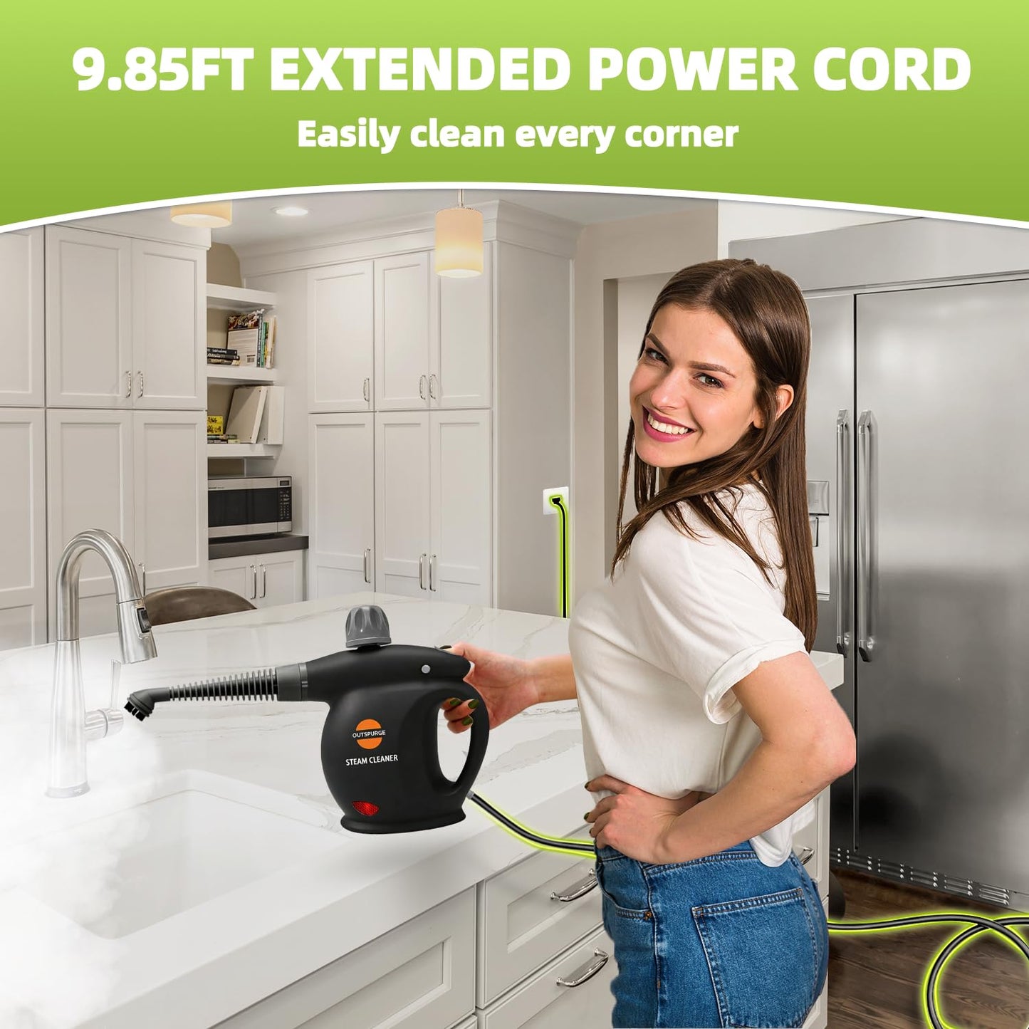 Outspurge Handheld Steam Cleaner, Pressurized Multi-Surface Steam Shot with 13 Accessories, Safety Lock, Steamer for Cleaning Floor, Upholstery, Grout, Windows, Couch and Car (Black)