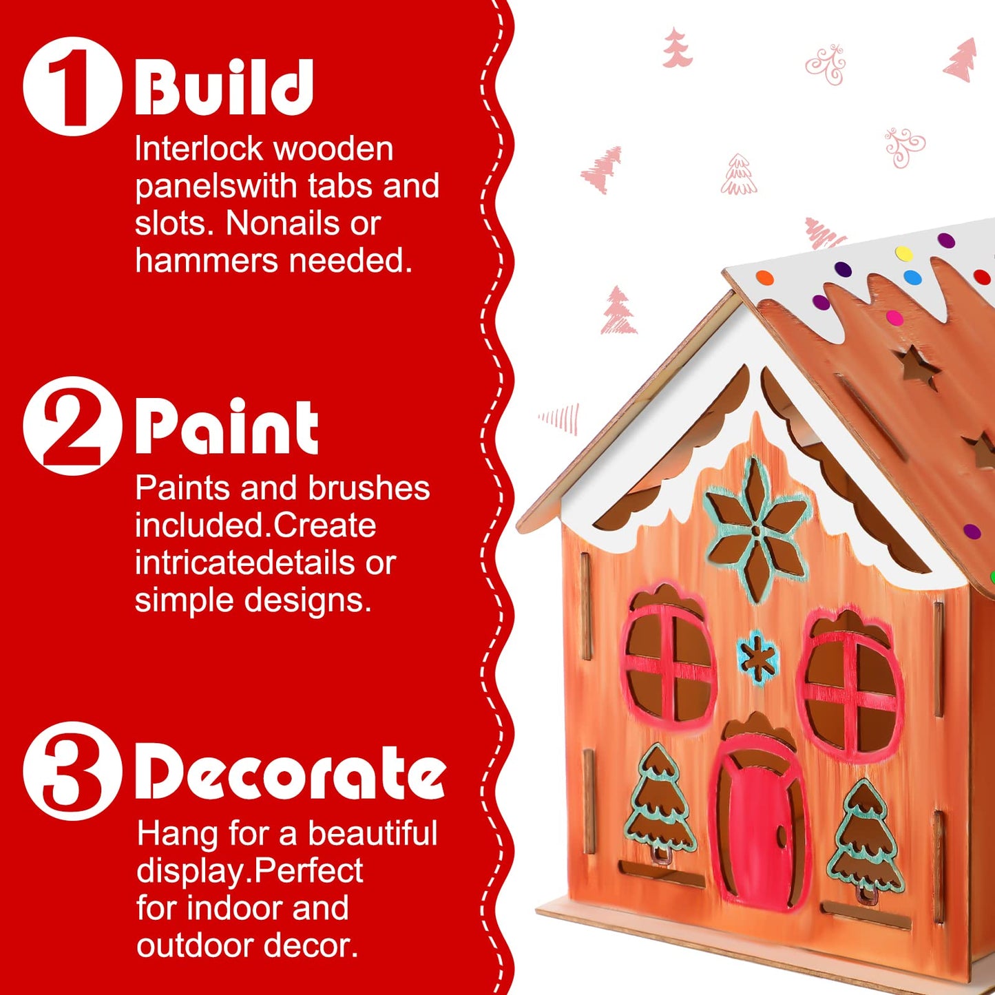 Kathfly 18 Sets Wooden Christmas Houses and Watercolor Pens, Christmas Graffiti Crafts Gingerbread Wooden Houses Christmas Tree Ornaments for Kids DIY Paint Art