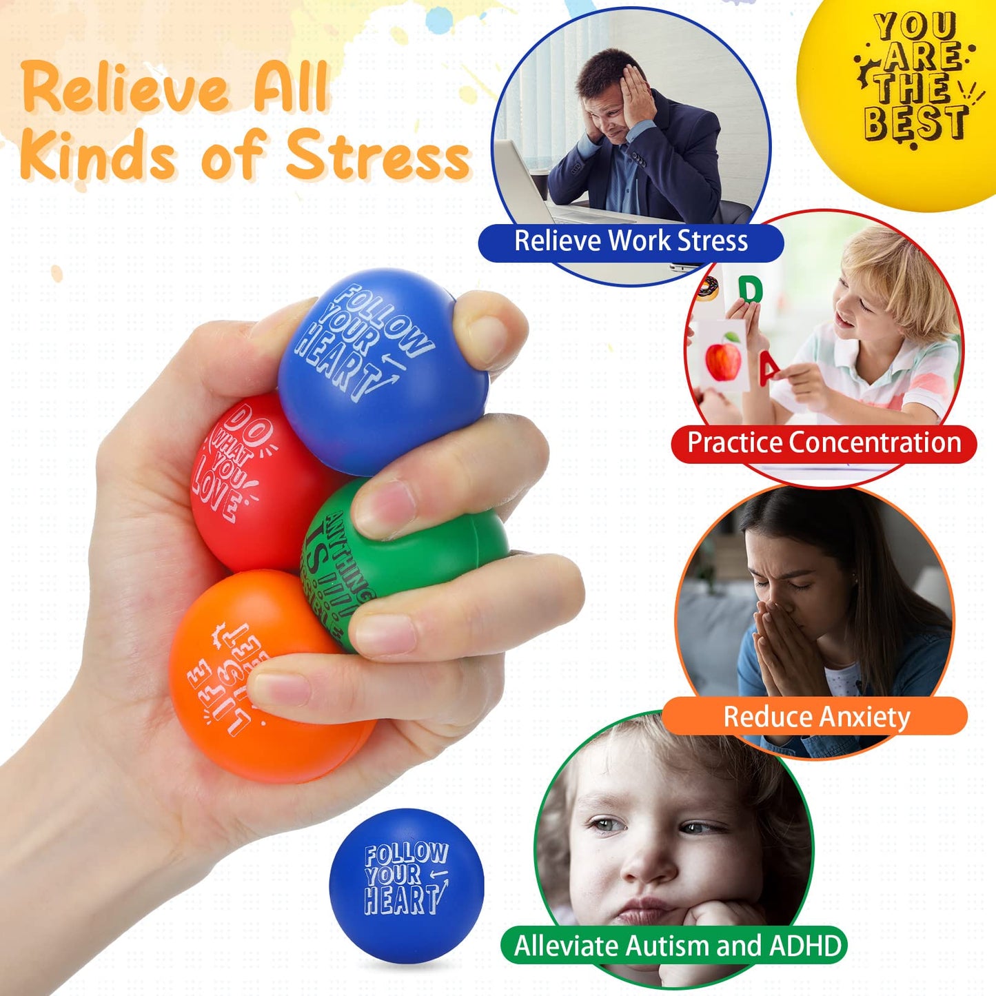 Leyndo 200 Pack Stress Balls Bulk Motivational Stress Relief Colorful Foam Squeeze Balls with Inspirational Quotes for Adults Teens Kids Relief Encouraging(Stress Balls)