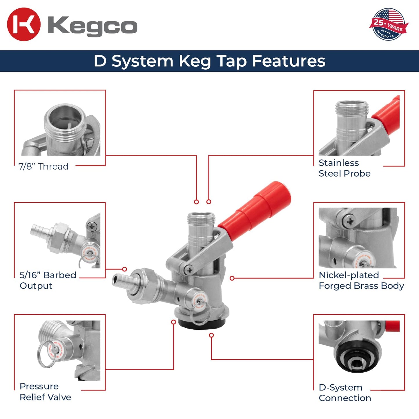 Kegco Beer Keg Coupler D System Tap - Red Lever Handle