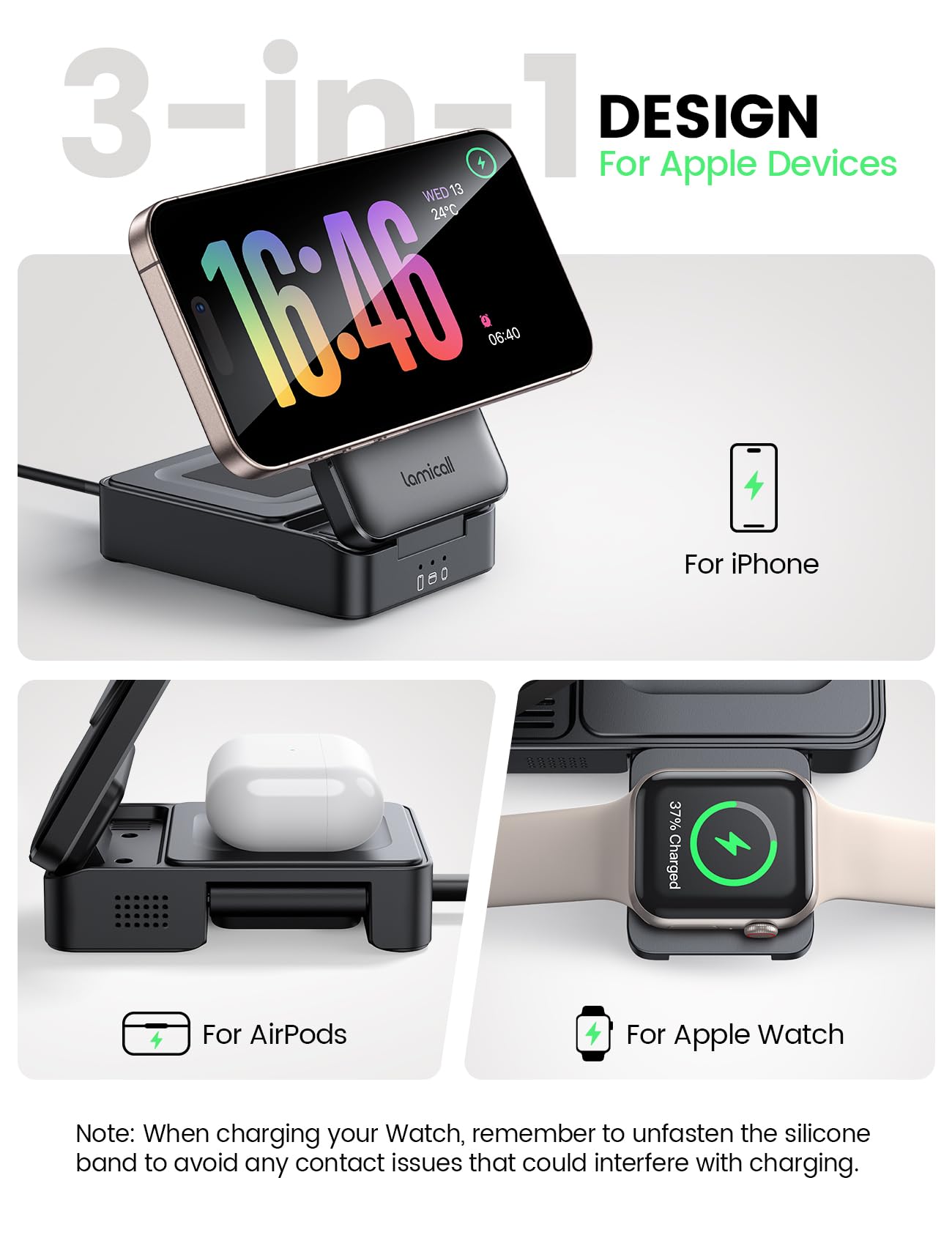 Lamicall 3 in 1 Charging Station for Apple - Foldable Wireless Charger Stand for MagSafe Portable, Travel Wireless Charger Station for Multiple Devices for iPhone 16, 15, 14, 13, Apple Watch, AirPods