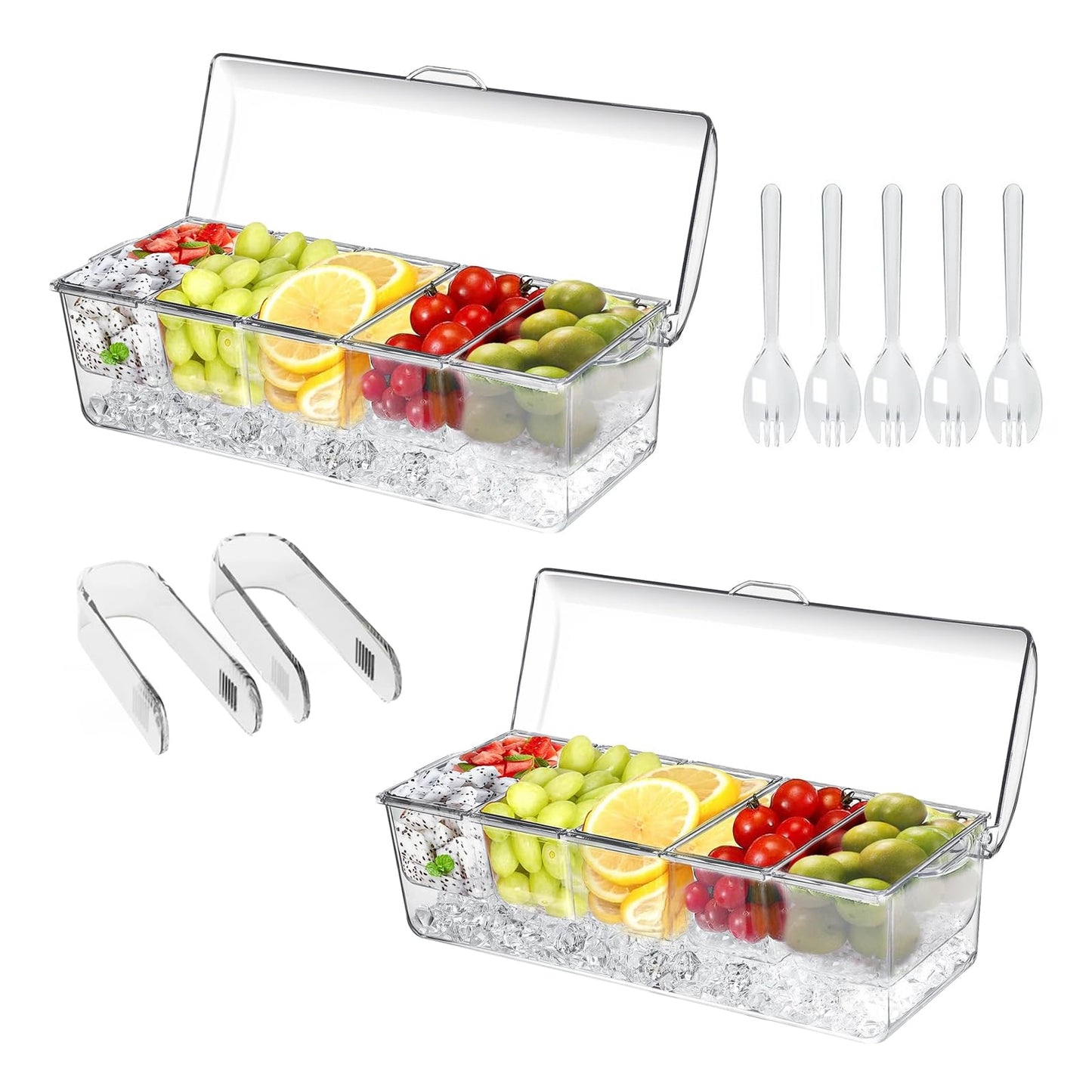 2 Pack Large Ice Chilled Condiment Caddy，Chilled Condiment Containers Server with Lids for 5 Removable Compartments，Serving Platters, Fruit & Garnish Tray for Party Supplies & Bar（2 Pack）