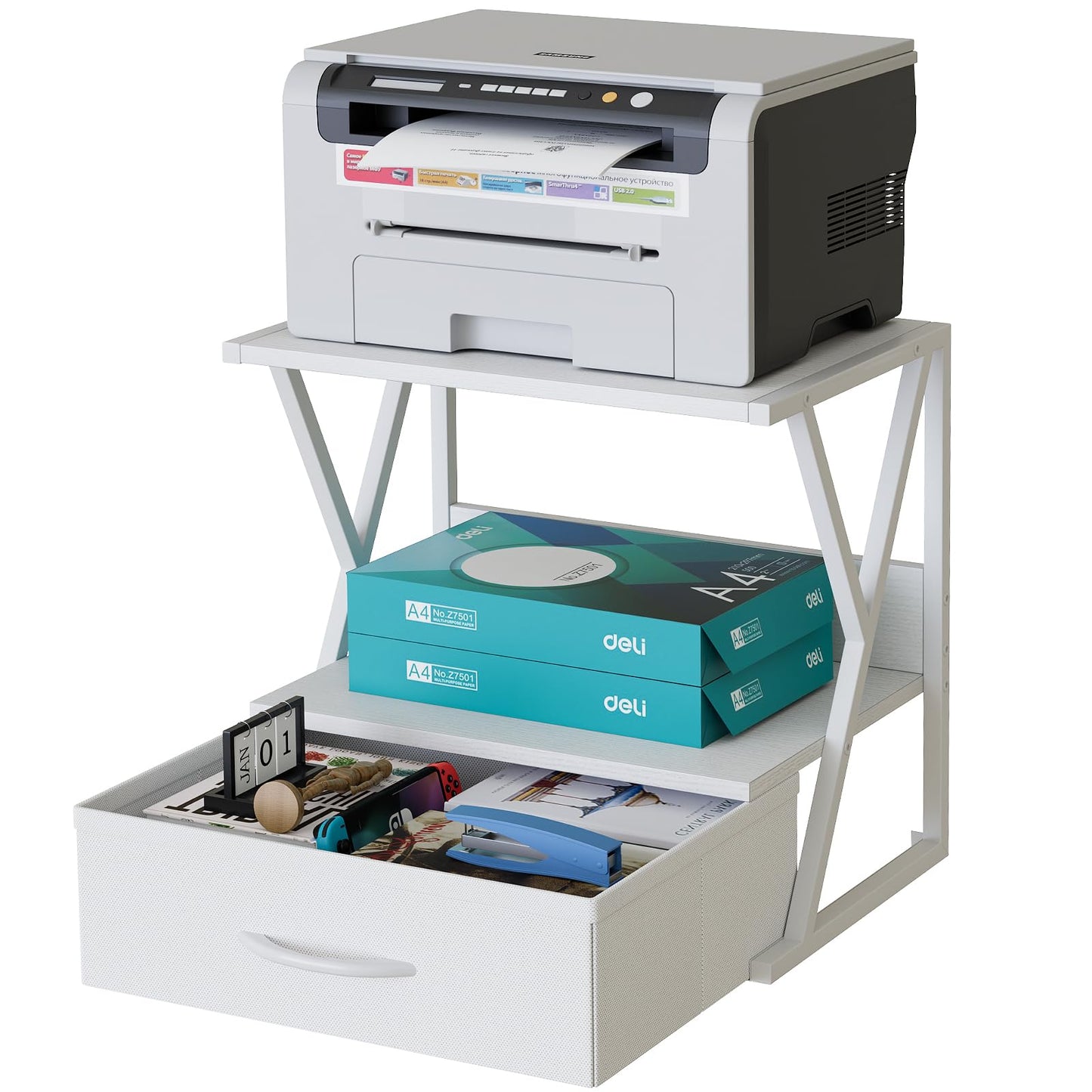 aboxoo Printer Stand for Desk with Storage Drawer, 2 Tier Desktop Or UnderDesk Shelf, Multi-Purpose Desk Organizer for Home Office, fit Fax Machine/3D Printer/Scanner, White