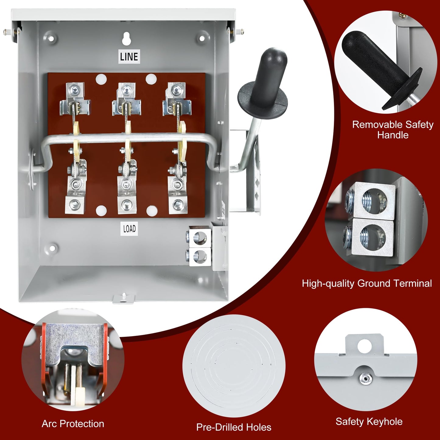 200-Amp, 3 Pole 120V/240V General Safety Switch, Non-Fused AC Disconnect Switch Box, Outdoor&Indoor, NEMA-3R Enclosure, Anti Corrosion and Rust Prevention with Ground Kit (200A)