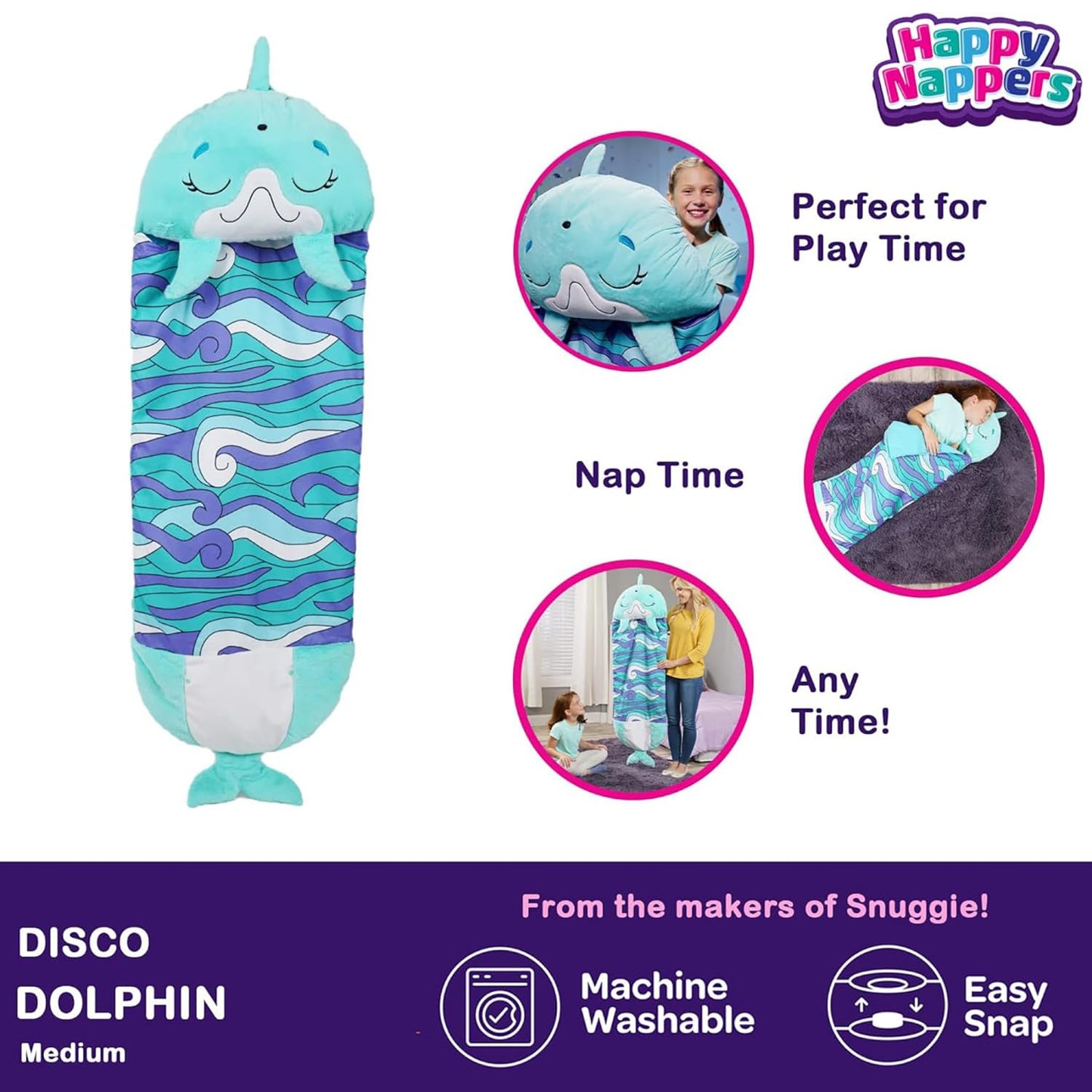 Happy Nappers Pillow & Sleepy Sack Medium Dolphin Comfy, Cozy, Compact, Super Soft, Warm, All Season, Sleeping Bag with Pillow