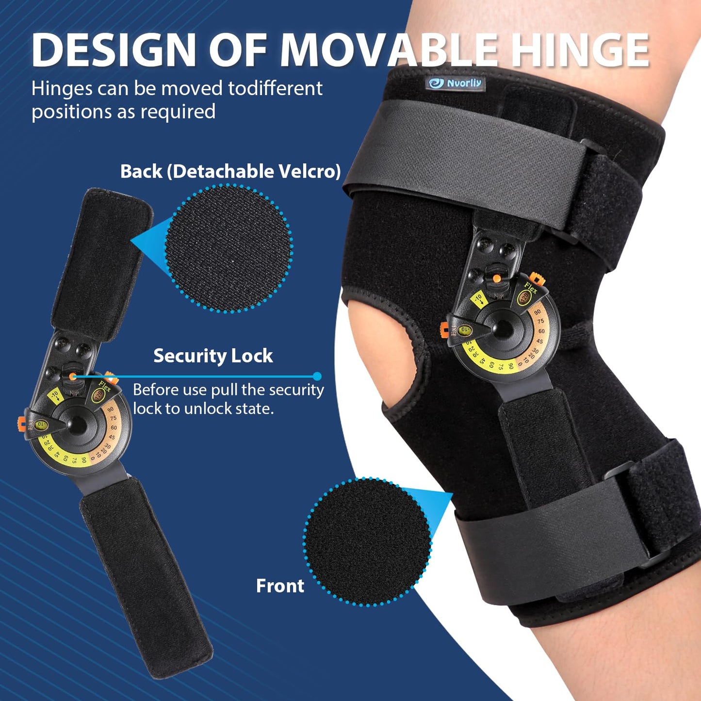Nvorliy Hinged ROM Knee Brace with Side Stabilizers & Locking Dials, Post Op Knee Immobilizer for Arthritis, ACL, MCL, PCL, Meniscus Tear, Injurie/Knee Pain, Medical Orthopedic Support (X-Large)