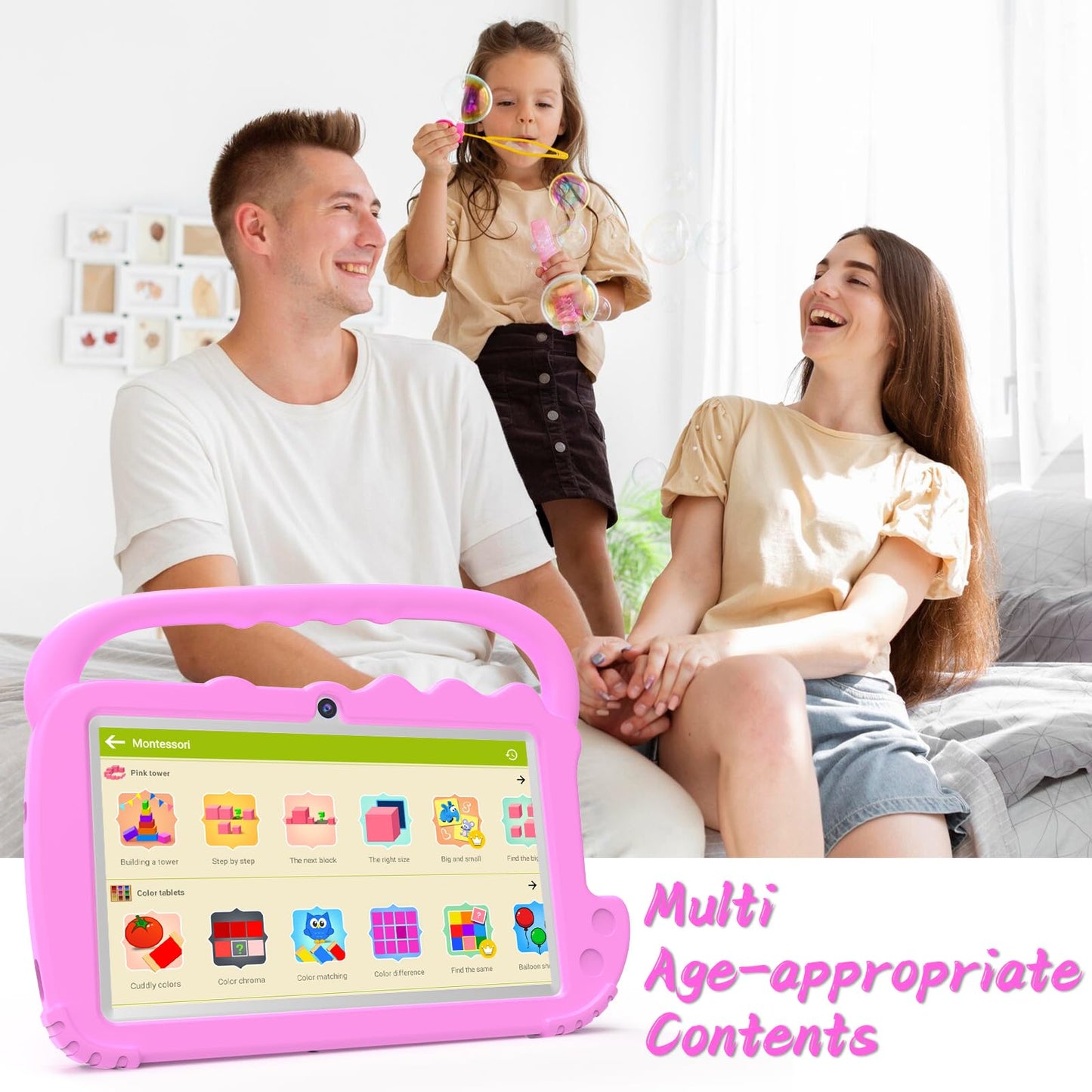 YQSAVIOR Kids Tablet, 7inch 4 GB RAM | Android 12 | 32GB ROM | Bluetooth, IPS Screen, Parental Control, Dual Camera, Shockproof Case | Educational, Games, Pink Case