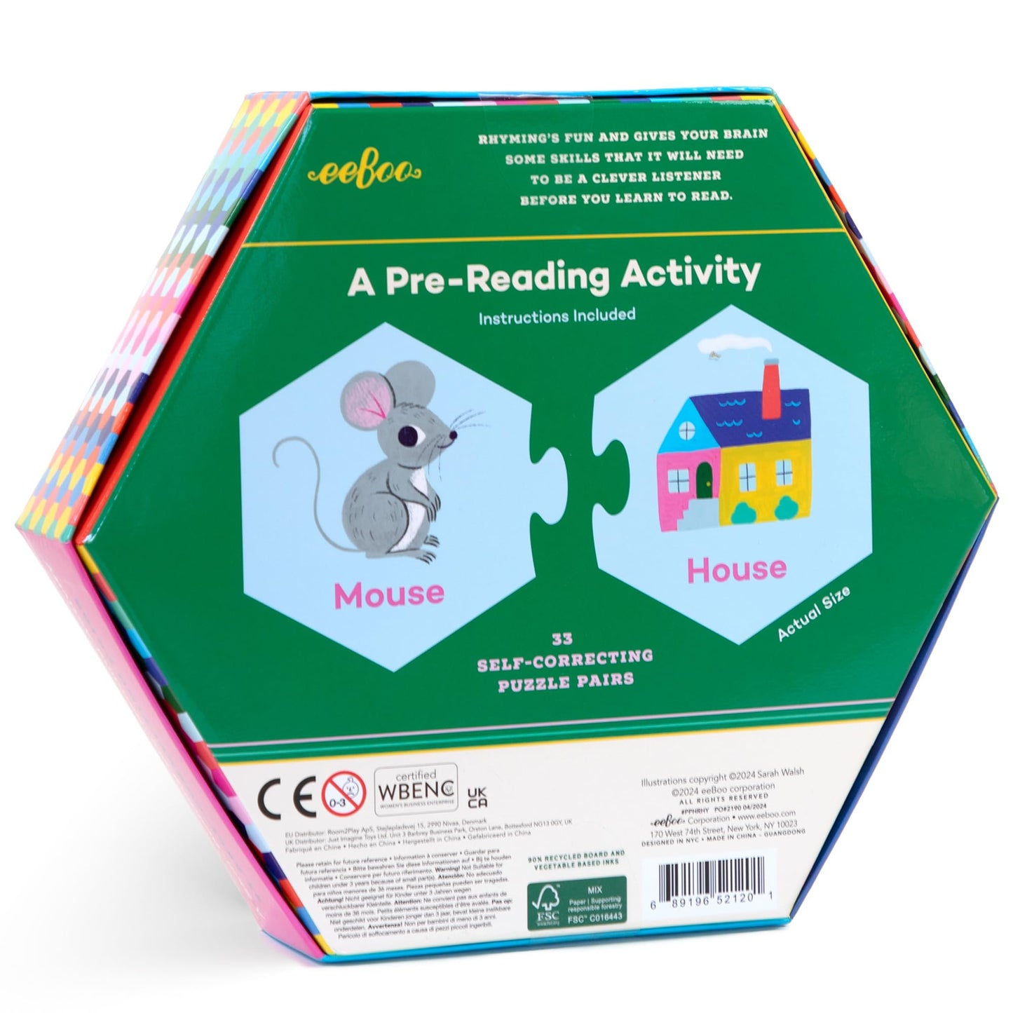 eeBoo: Hexagon Puzzle Pairs - Rhyming Words - 33 Hexagon Shaped Puzzle Pairs, Match Sounds to Images, Educational Preschool Learning, Kids Ages 3+